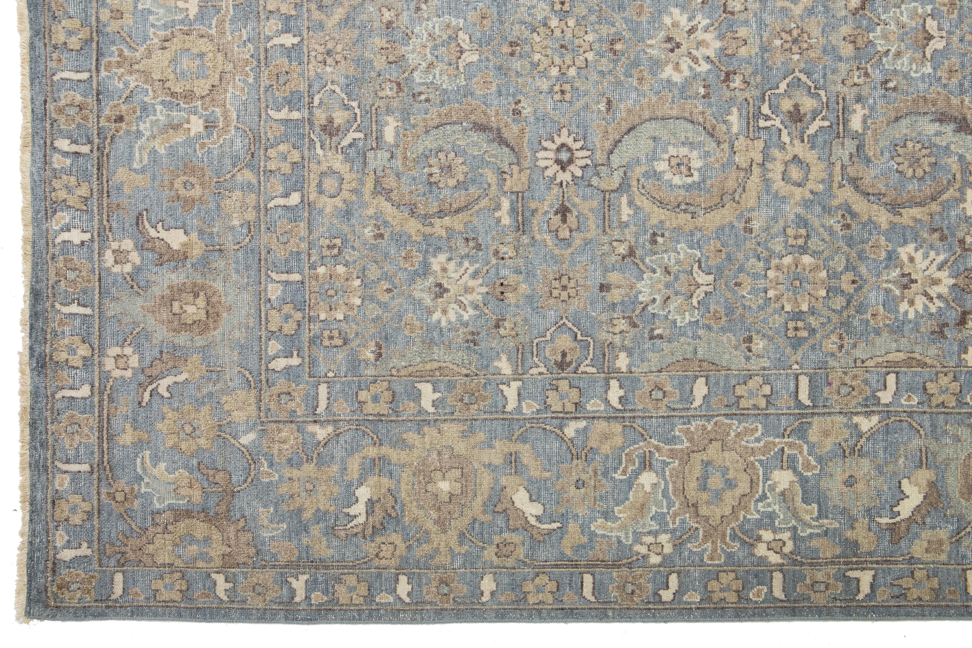 Gray Apadana's Artisan Collection Handmade Floral Indian Wool Rug For Sale 3