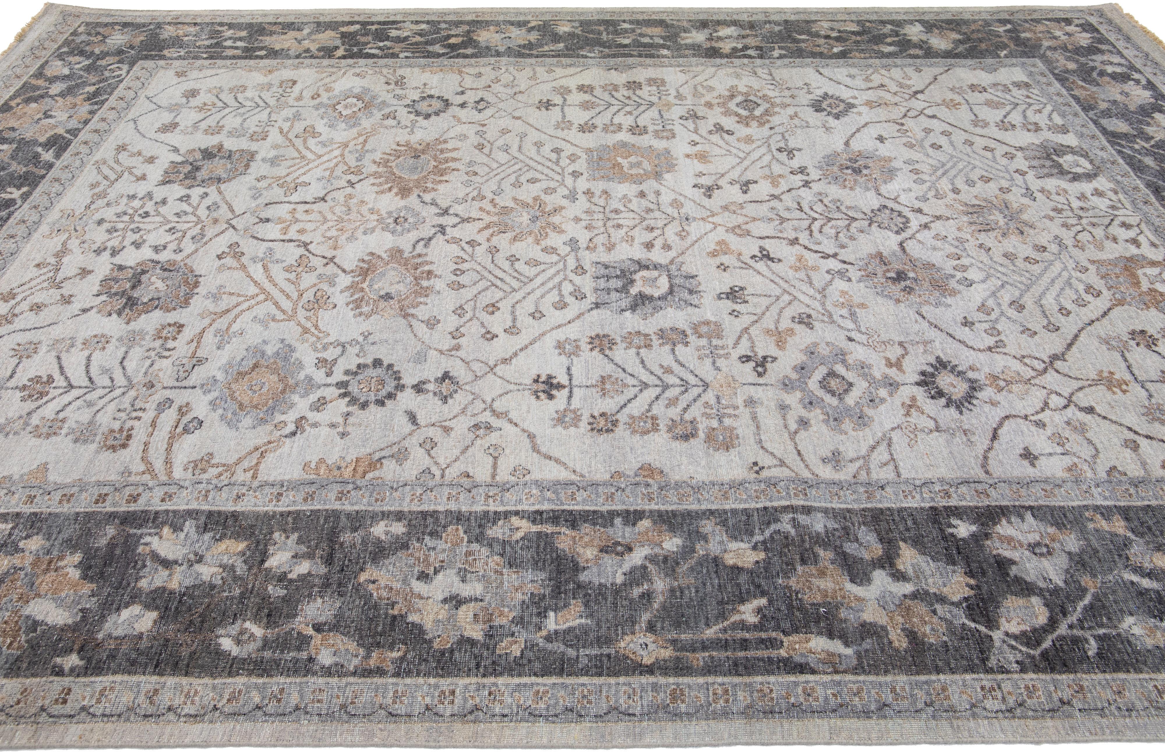 Hand-Knotted Gray Apadana's Artisan Collection Handmade Floral Wool Rug For Sale