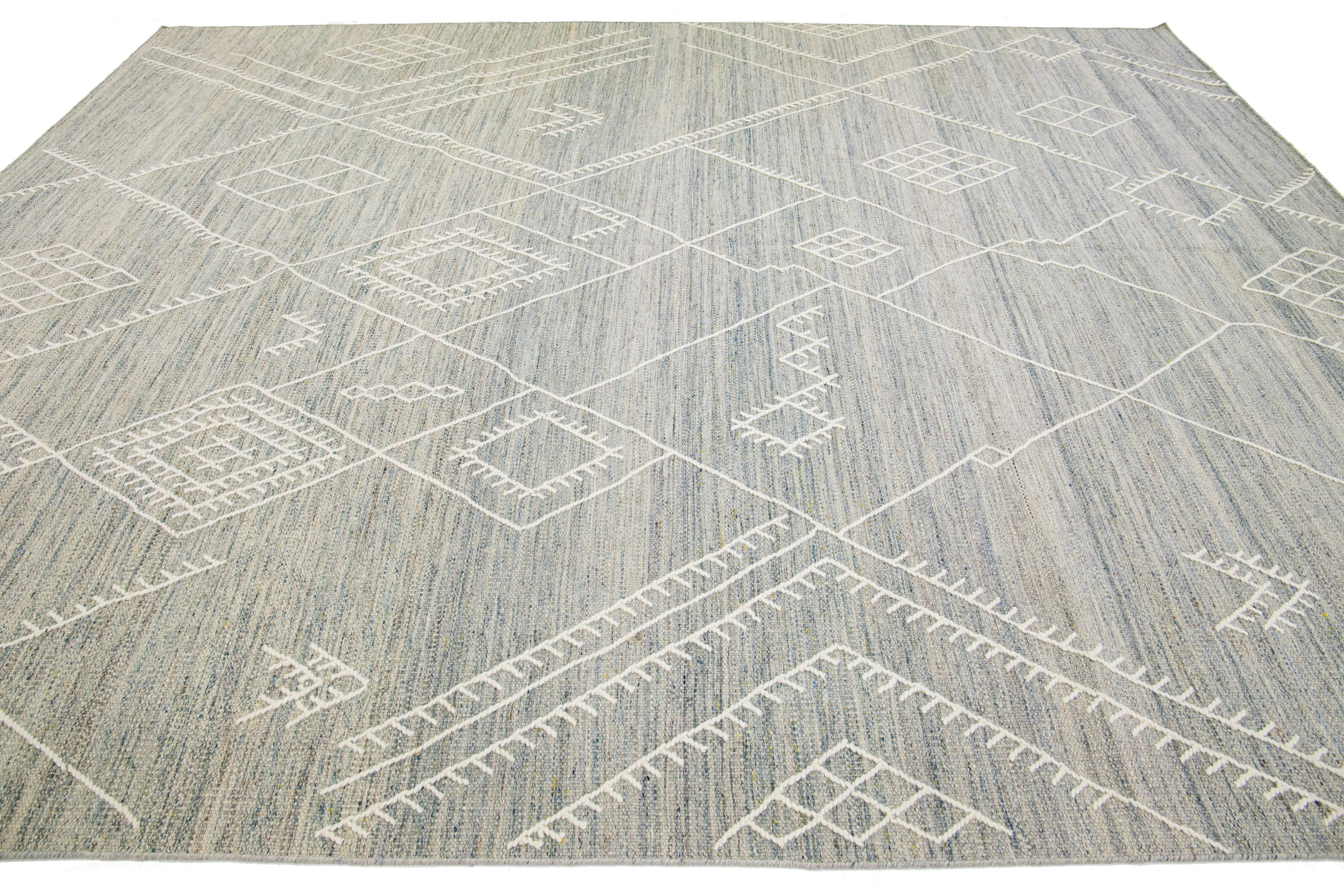 Indian Gray Apadana's Nantucket Collection Flatweave Kilim Coastal Designed Wool Rug For Sale