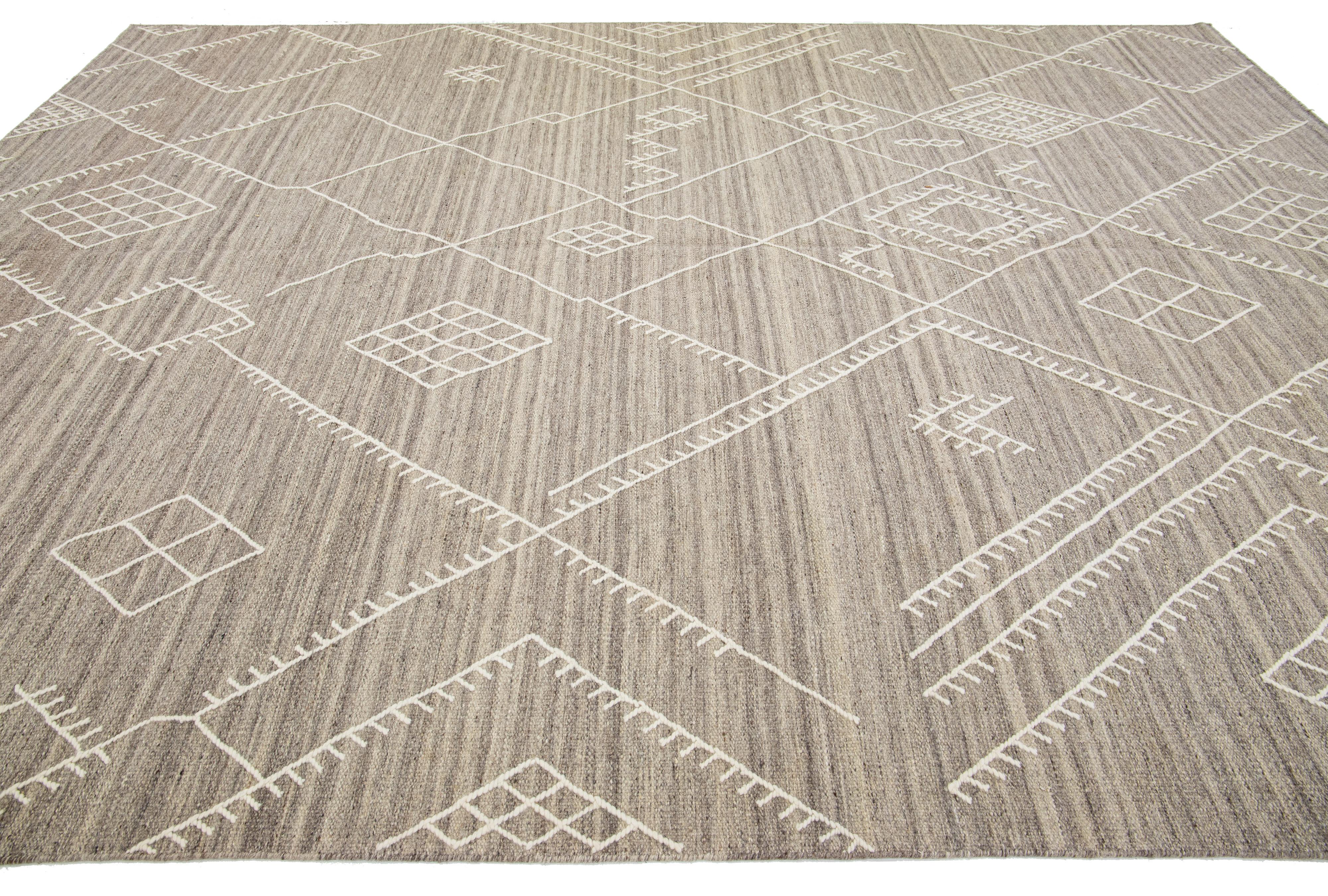 Hand-Knotted Beige Apadana's Nantucket Collection Flatweave Kilim Coastal Designed Wool Rug For Sale