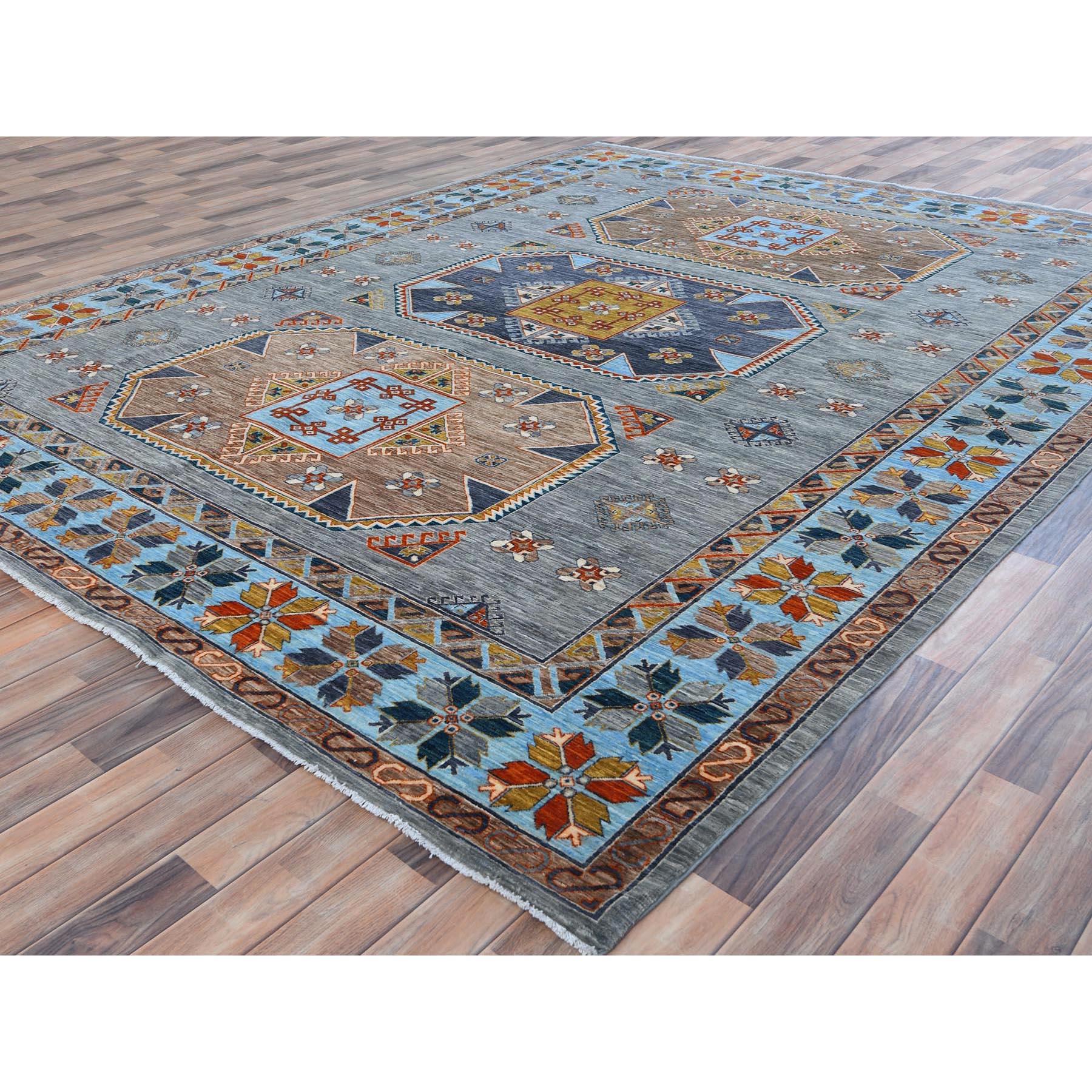Alfombra anudada a mano de lana 200 KPSI de diseño caucásico de inspiración armenia gris 9'x11'9 Afgano en venta