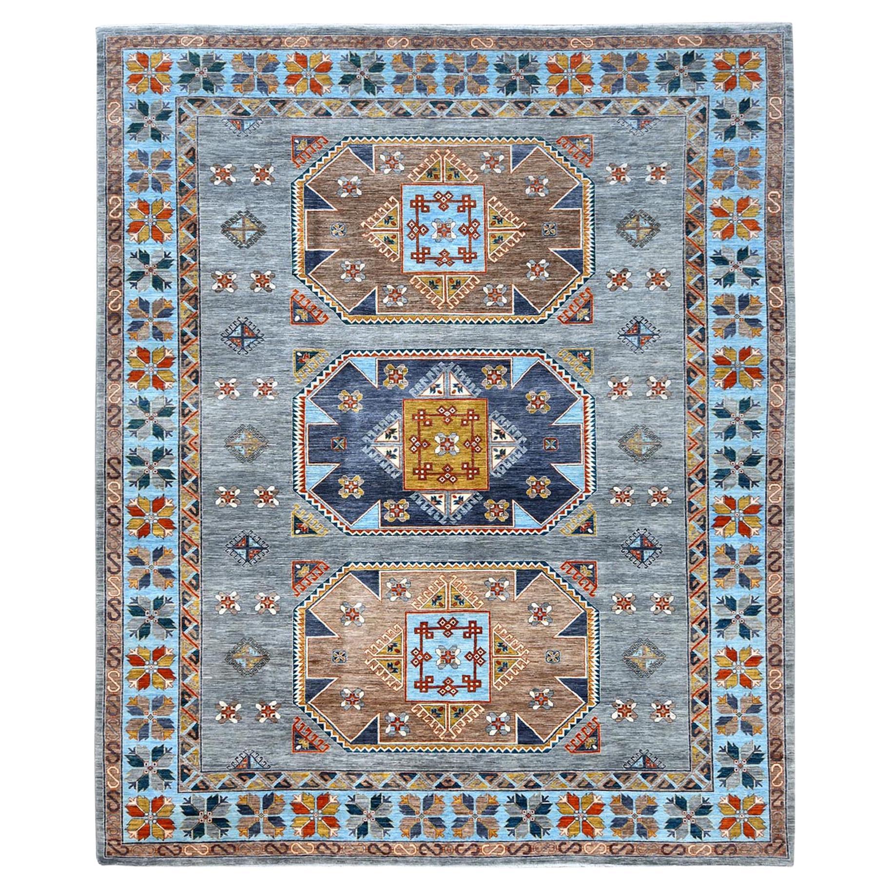 Gray Armenian Inspired Caucasian Design 200 KPSI Wool Hand Knotted Rug 9'x11'9"