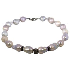 Gray Baroque Fresh Water Pearl Choker with Blackened Silver and Diamond Accents