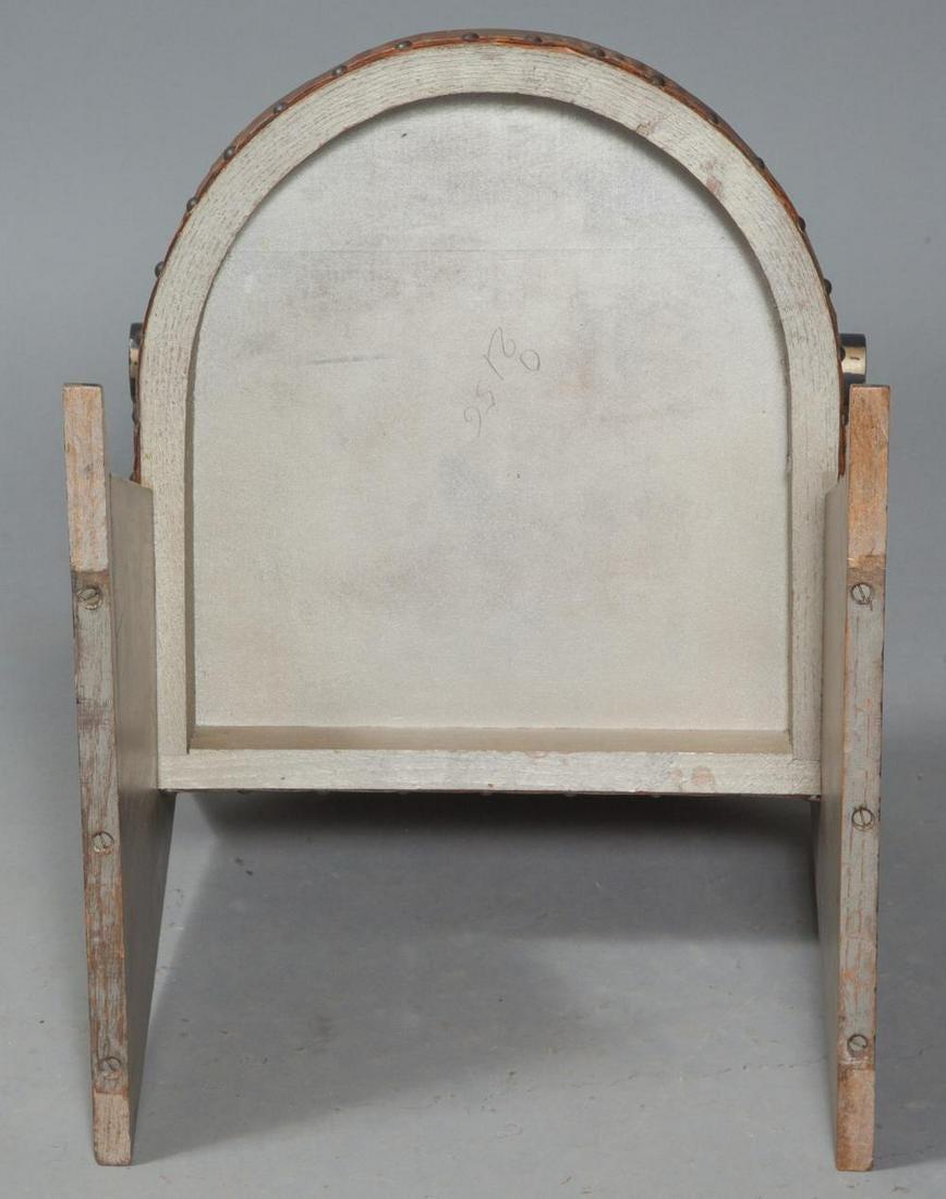 Gray, black and white painted wood and leather upholstered child's chair
Probably first quarter 20th century

C Property from the Estate of Jacqueline Loewe Fowler


1Hq.