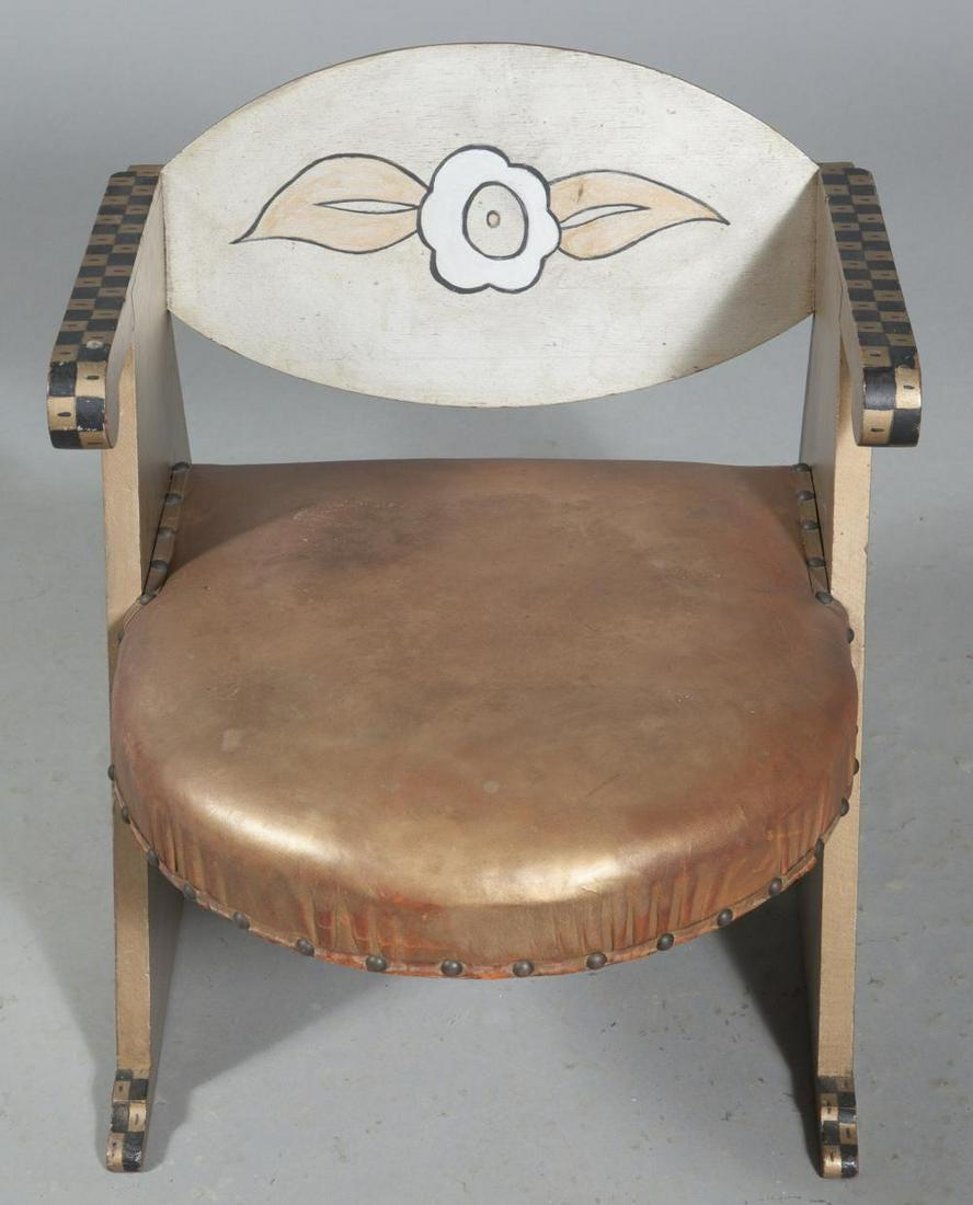 20th Century Gray, Black and White Painted Wood and Leather Upholstered Child's or Doll Chair For Sale