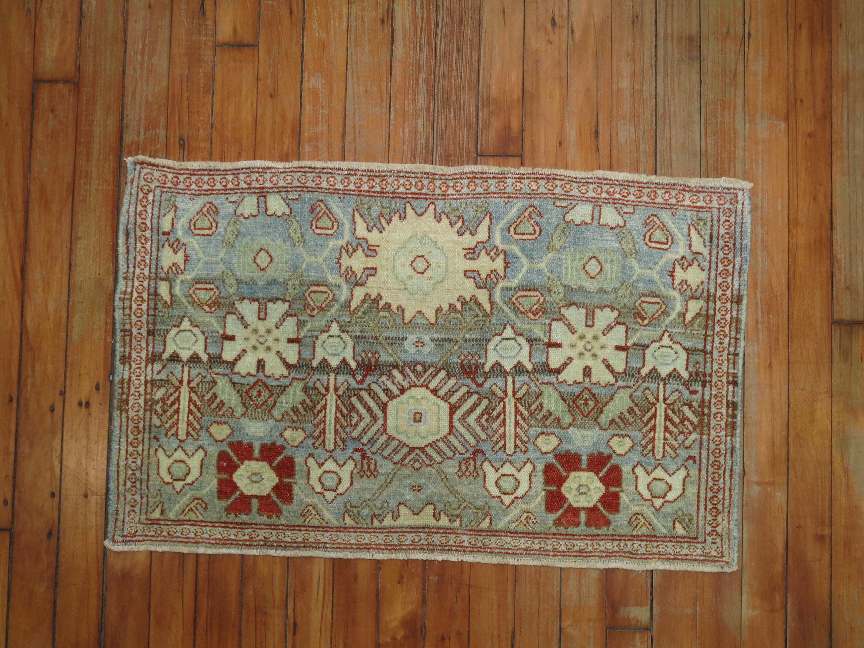 American Colonial Gray Blue 20th Century Antique Persian Oriental Rug Mat Size Rug For Sale