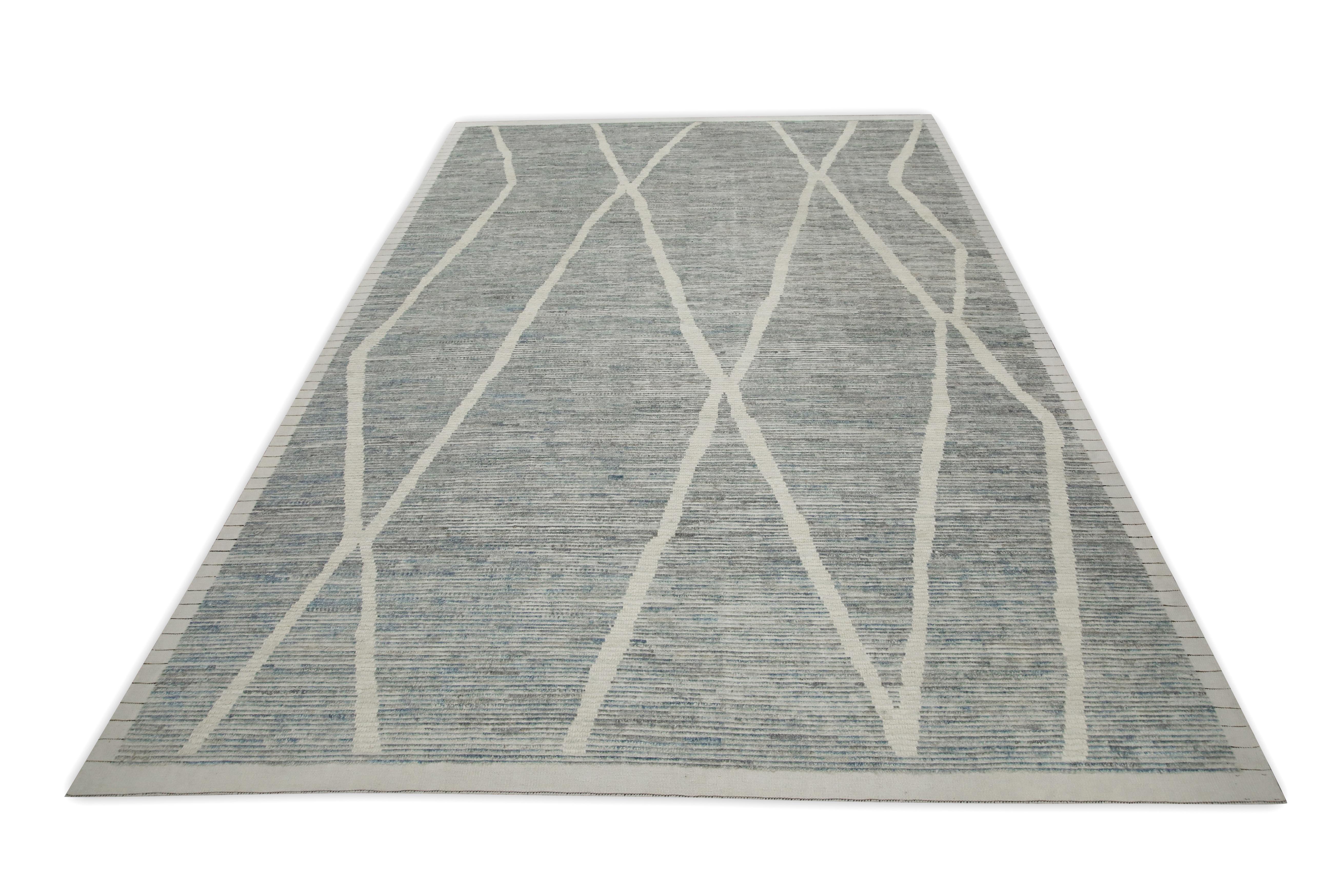 Contemporary Gray & Blue 21st Century Modern Moroccan Style Wool Rug 8'11