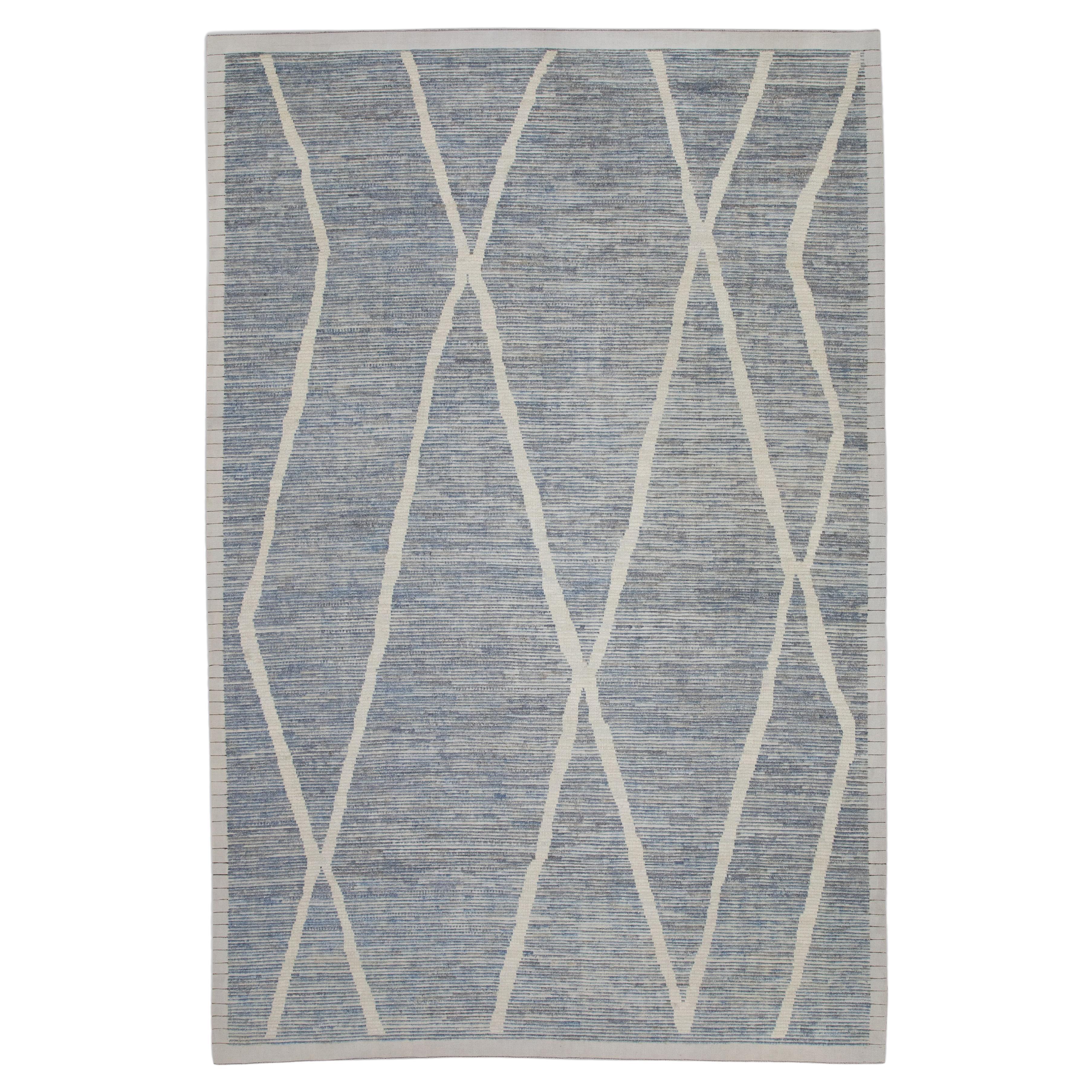 Gray & Blue 21st Century Modern Moroccan Style Wool Rug 8'11" X 12'10" For Sale