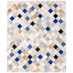 Gray, Blue and Caramel Falling Squares Cowhide Area Floor Rug XX-Large