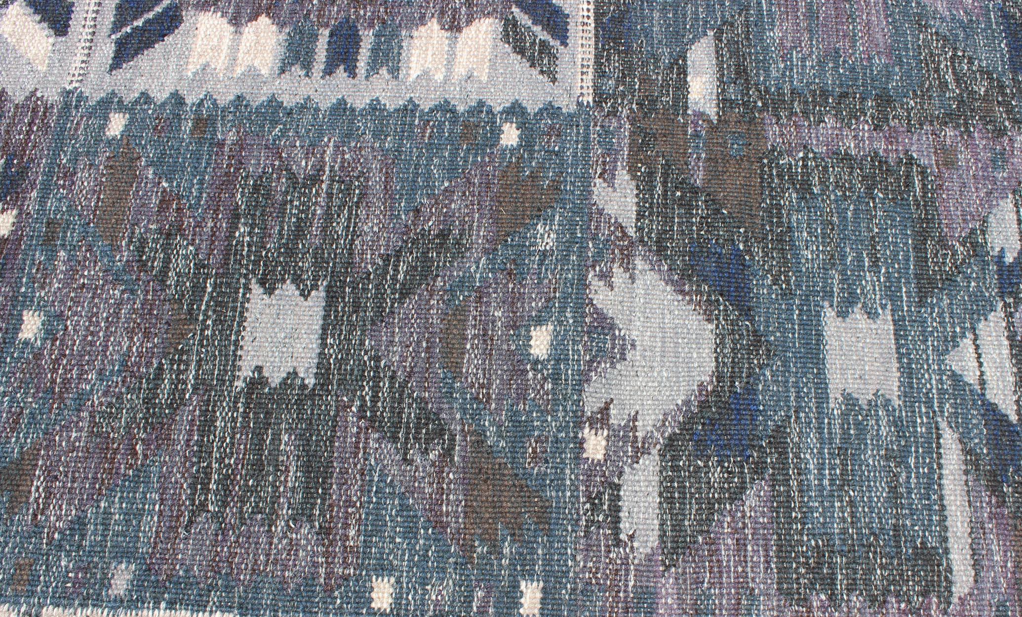 Gray, Blue and Charcoal Scandinavian Flat-Weave Rug with Modern Design In New Condition For Sale In Atlanta, GA