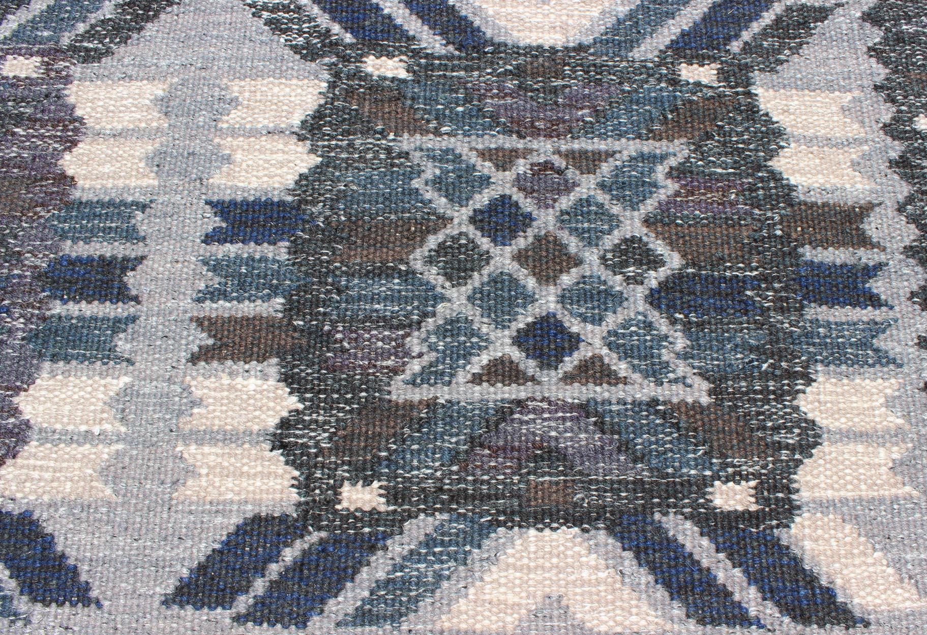 Contemporary Gray, Blue and Charcoal Scandinavian Flat-Weave Rug with Modern Design For Sale