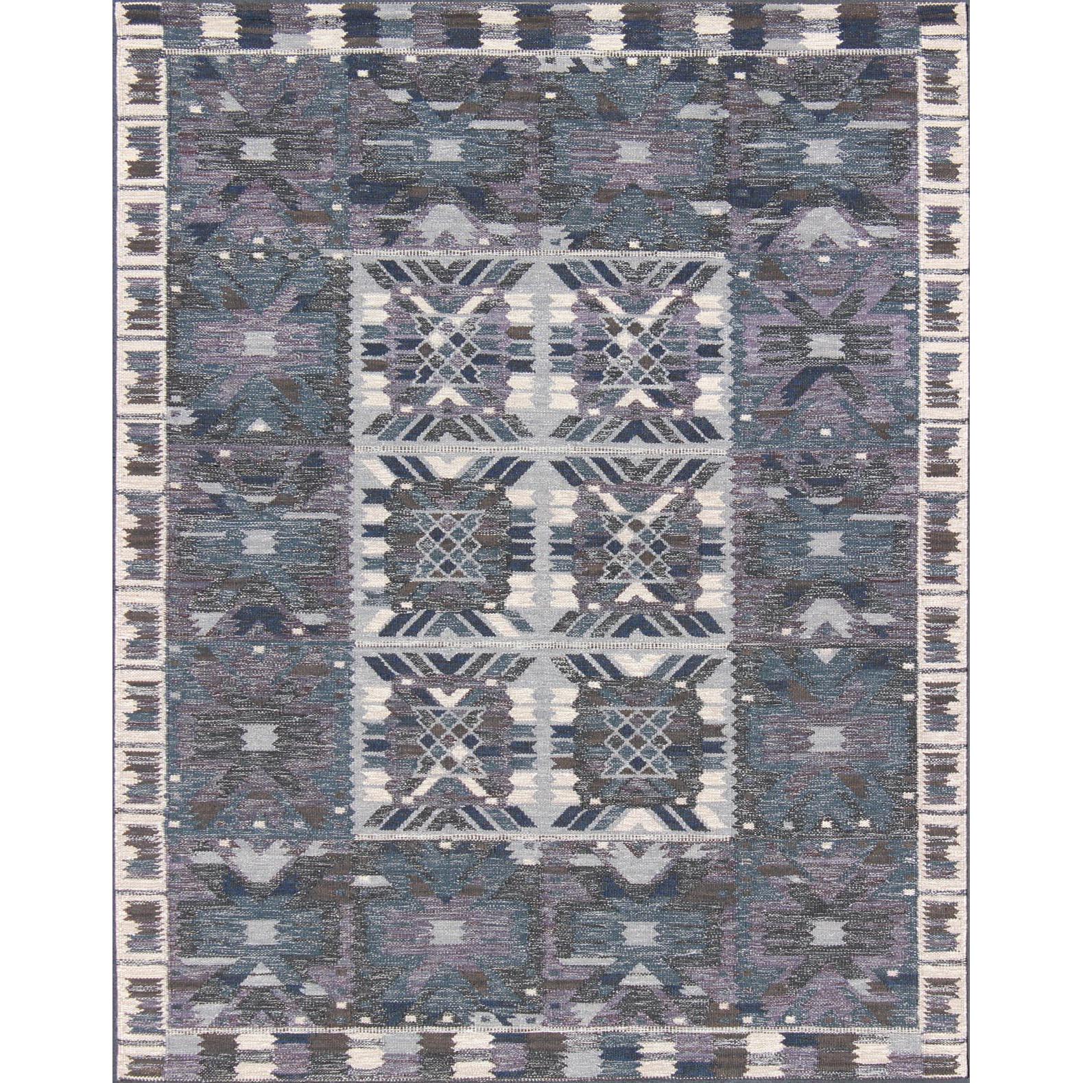 Gray, Blue and Charcoal Scandinavian Flat-Weave Rug with Modern Design