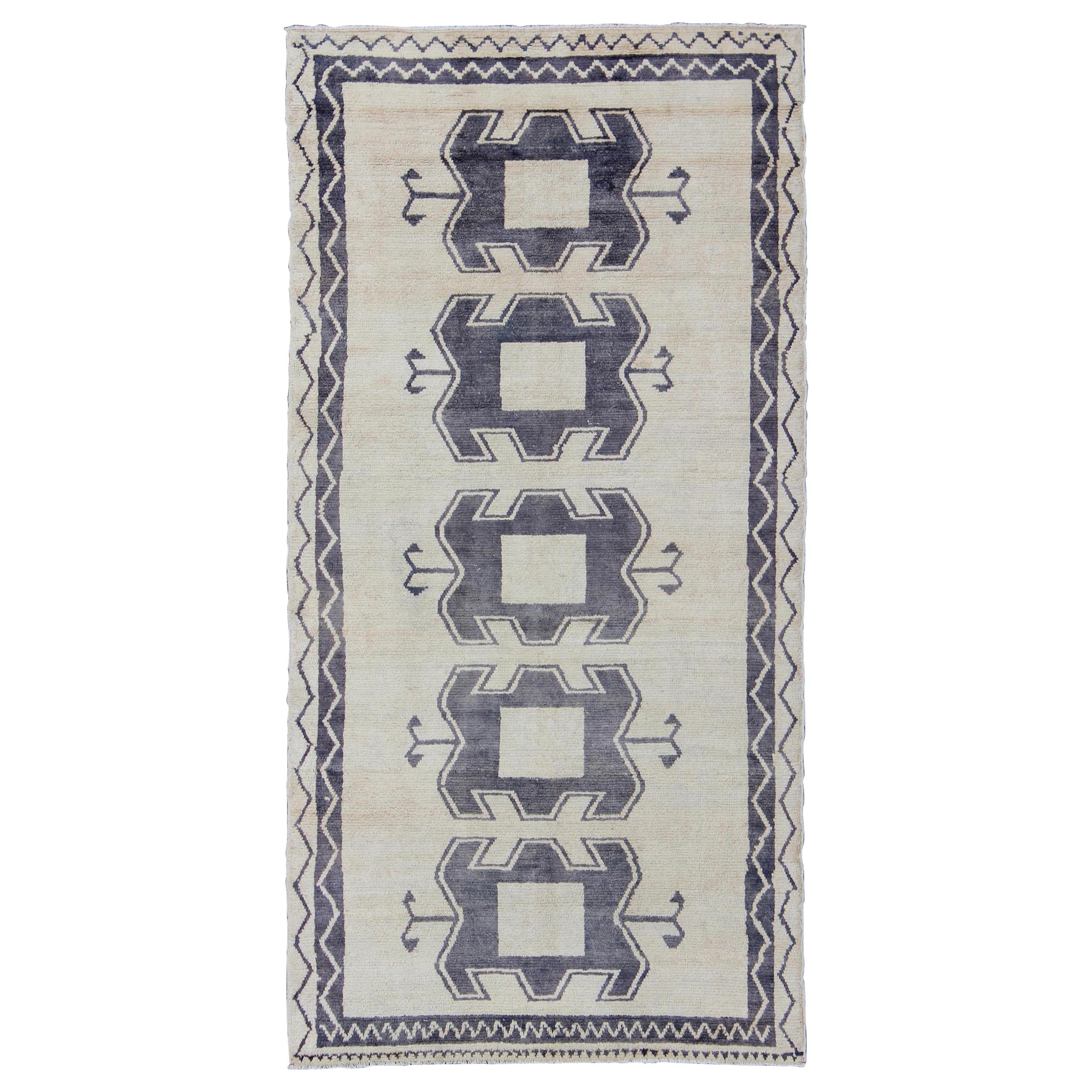 Midcentury Turkish Tulu Rug with Tribal Design in Purple/Gray and Cream  For Sale