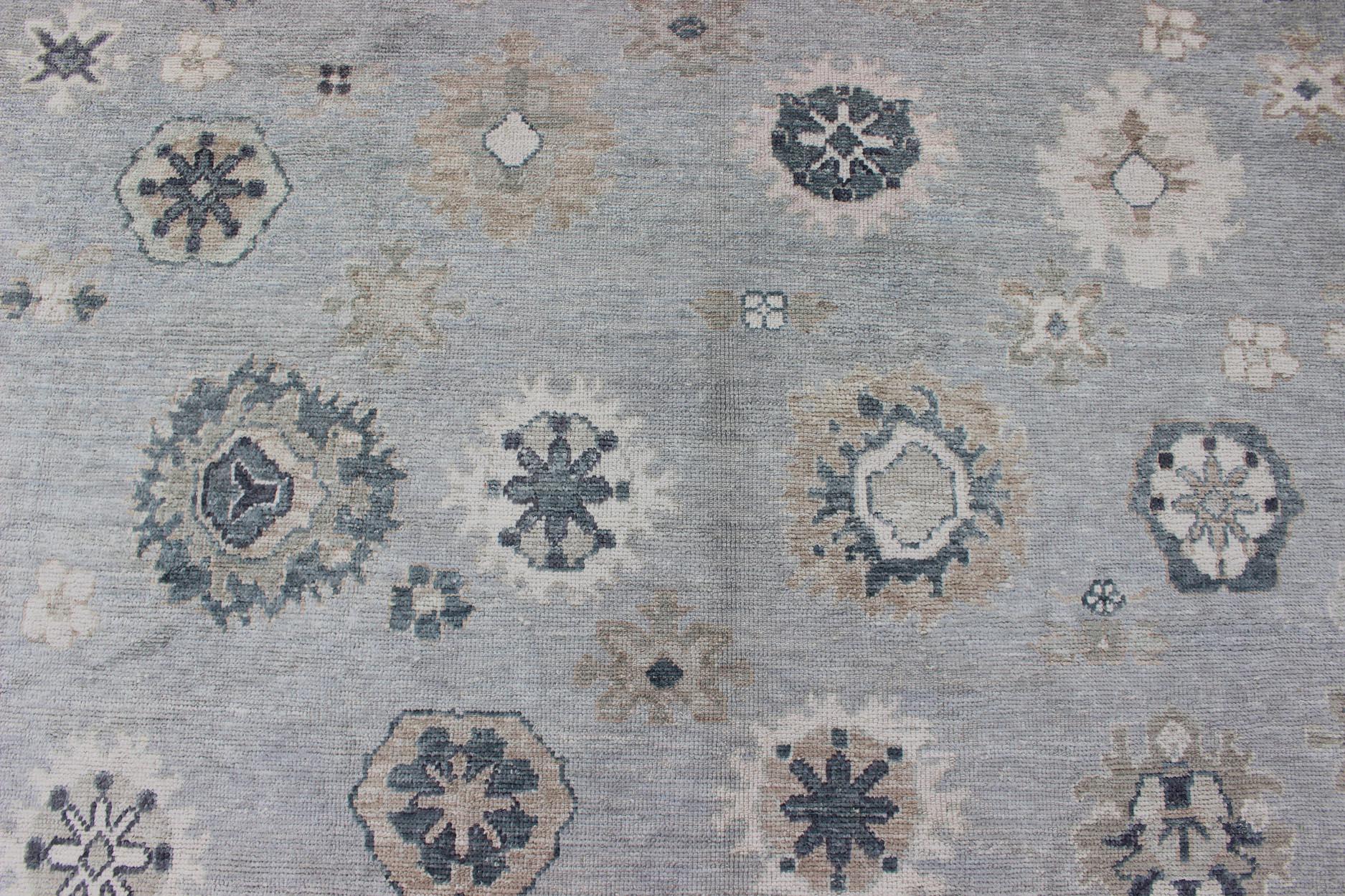 Gray, Blue and Neutral Color Palette All-Over Flower Design Turkish Oushak Rug For Sale 3