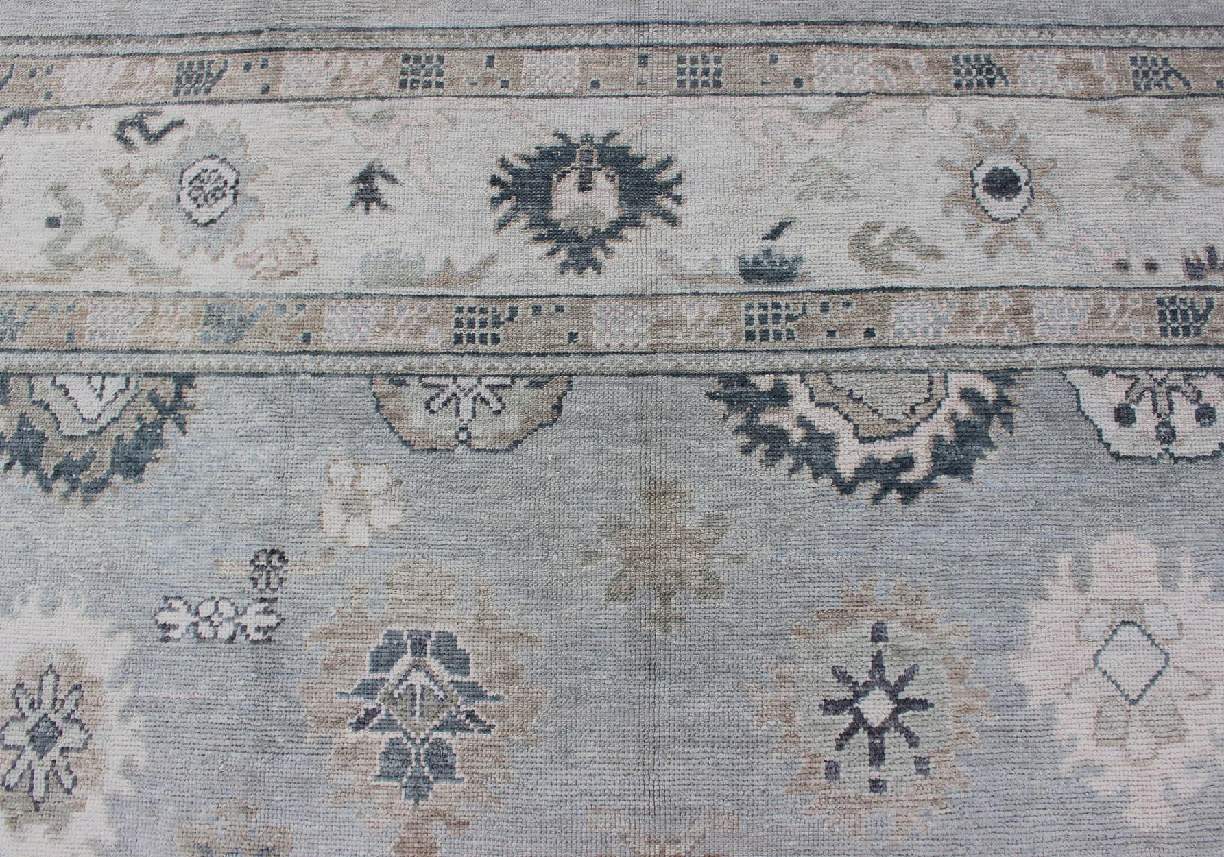Gray, Blue and Neutral Color Palette All-Over Flower Design Turkish Oushak Rug For Sale 4