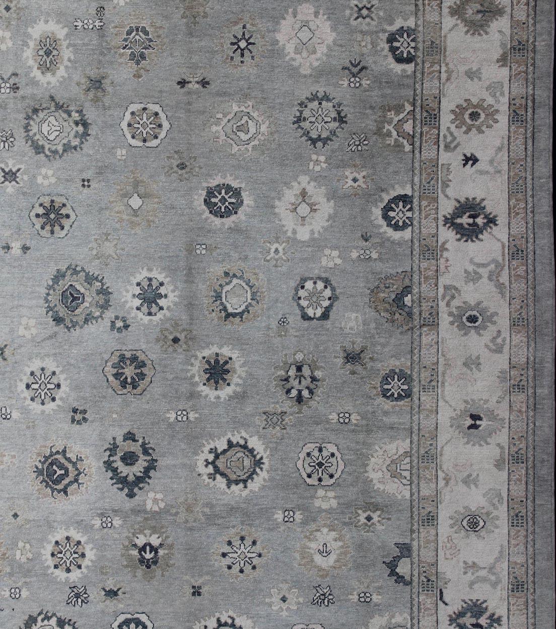 Hand-Knotted Gray, Blue and Neutral Color Palette All-Over Flower Design Turkish Oushak Rug For Sale
