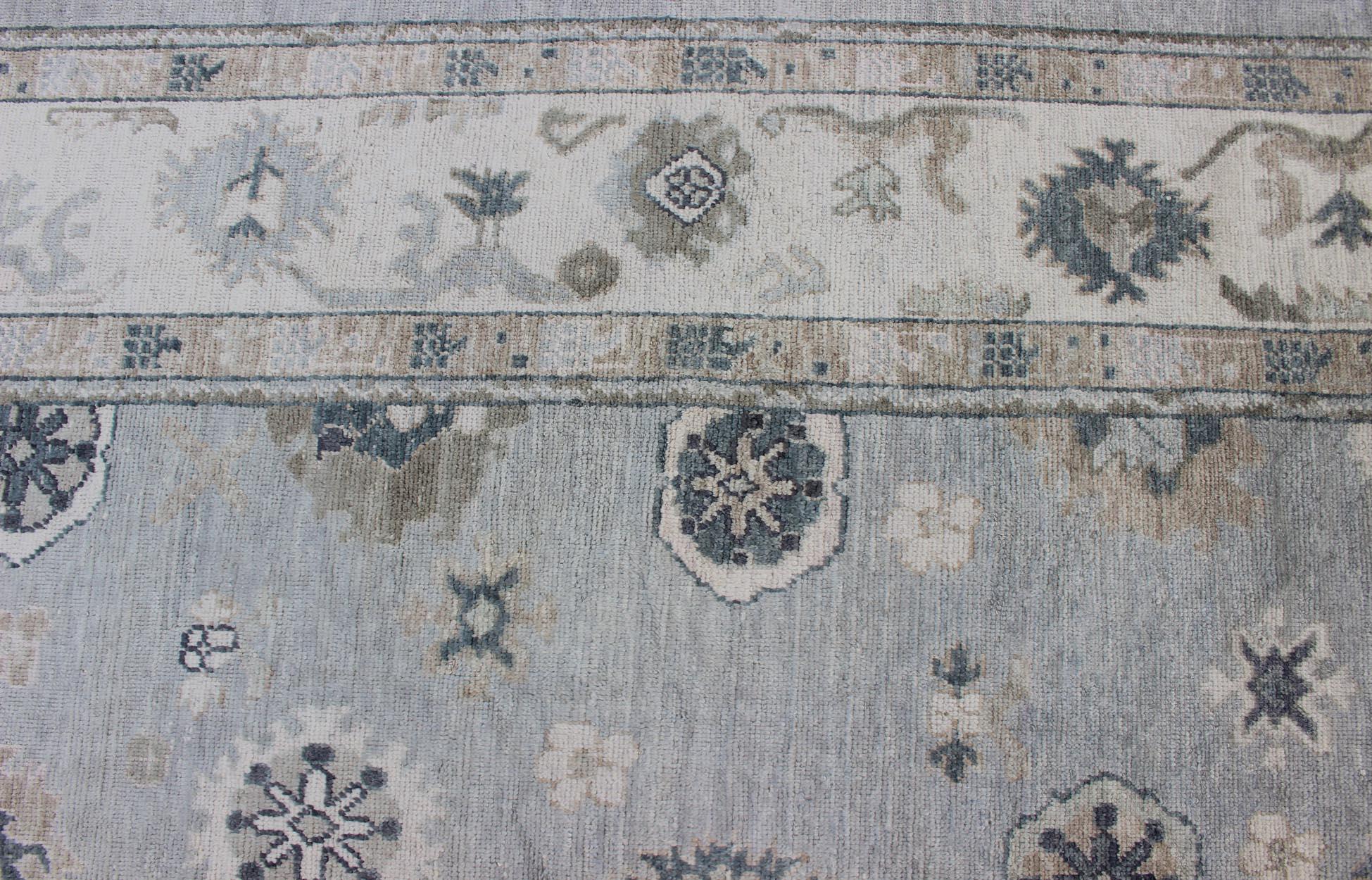 Contemporary Gray, Blue and Neutral Color Palette All-Over Flower Design Turkish Oushak Rug For Sale