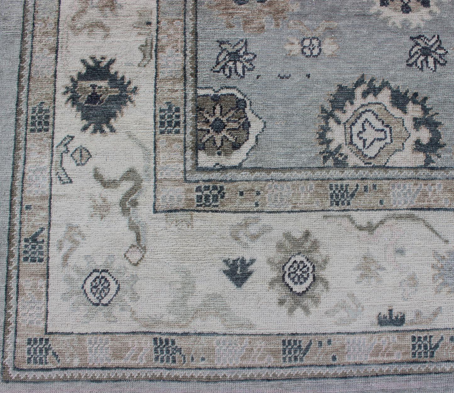 Wool Gray, Blue and Neutral Color Palette All-Over Flower Design Turkish Oushak Rug For Sale