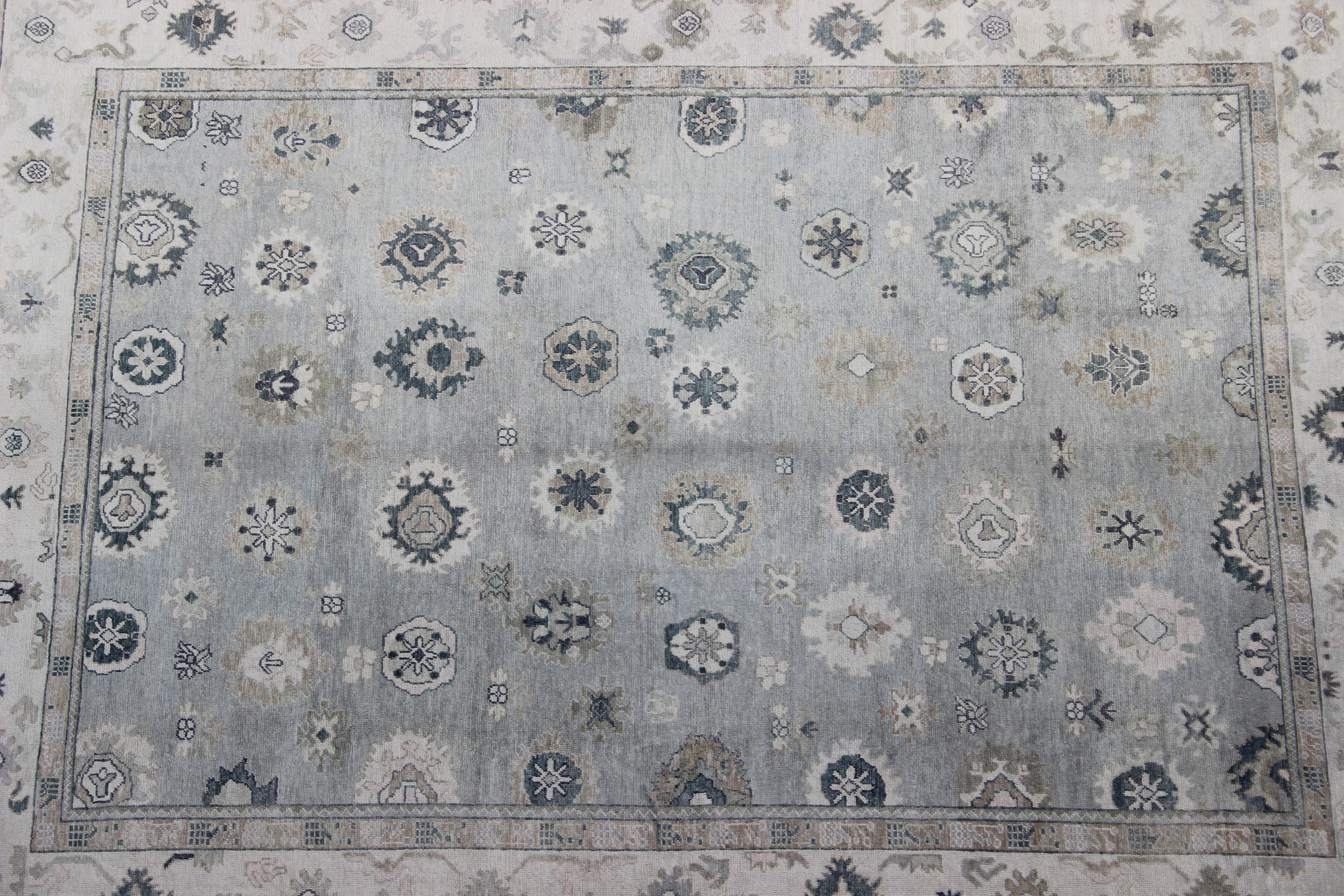 Gray, Blue and Neutral Color Palette All-Over Flower Design Turkish Oushak Rug For Sale 1