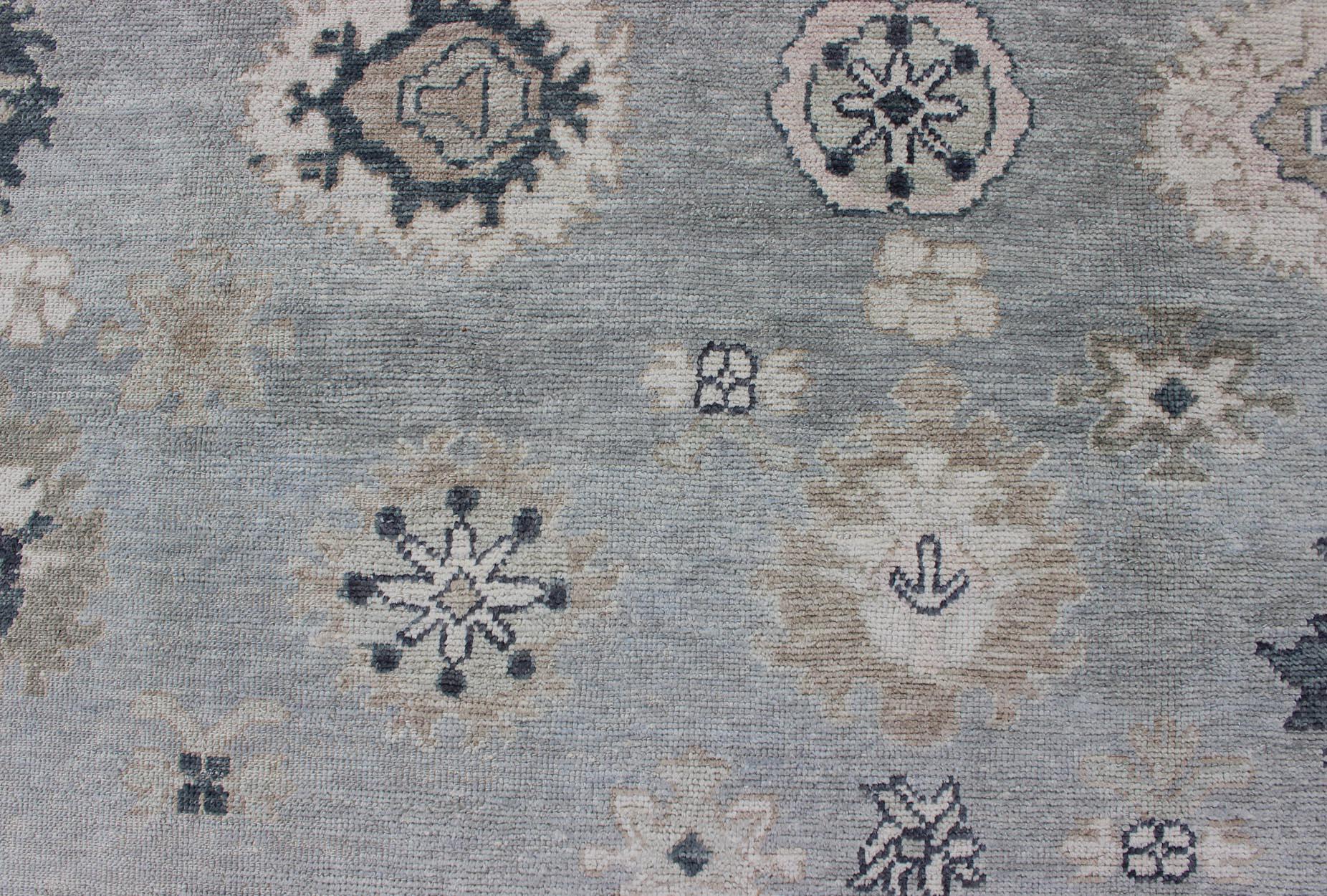 Gray, Blue and Neutral Color Palette All-Over Flower Design Turkish Oushak Rug For Sale 2