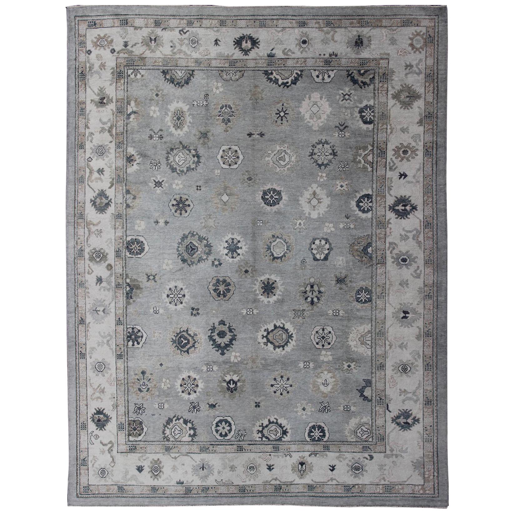 Gray, Blue and Neutral Color Palette All-Over Flower Design Turkish Oushak Rug For Sale