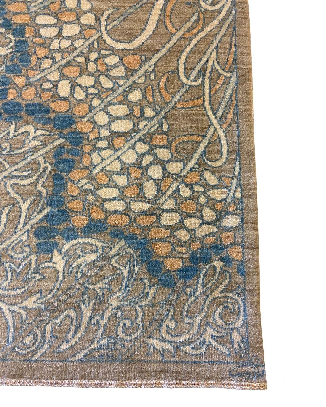 This gray, blue, and orange wool Persian rug Monarch, sized 4' x 6', is an exquisite example of intricate craftsmanship, capturing the delicate beauty of a butterfly’s wings in a mesmerizing design. The detailed patterns gracefully mimic the natural
