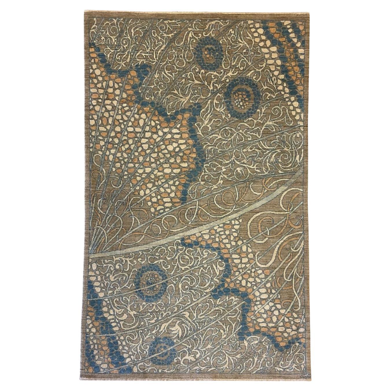 Gray, Blue, and Orange Wool Persian Rug Monarch with Butterfly Design, 4' x 6' For Sale