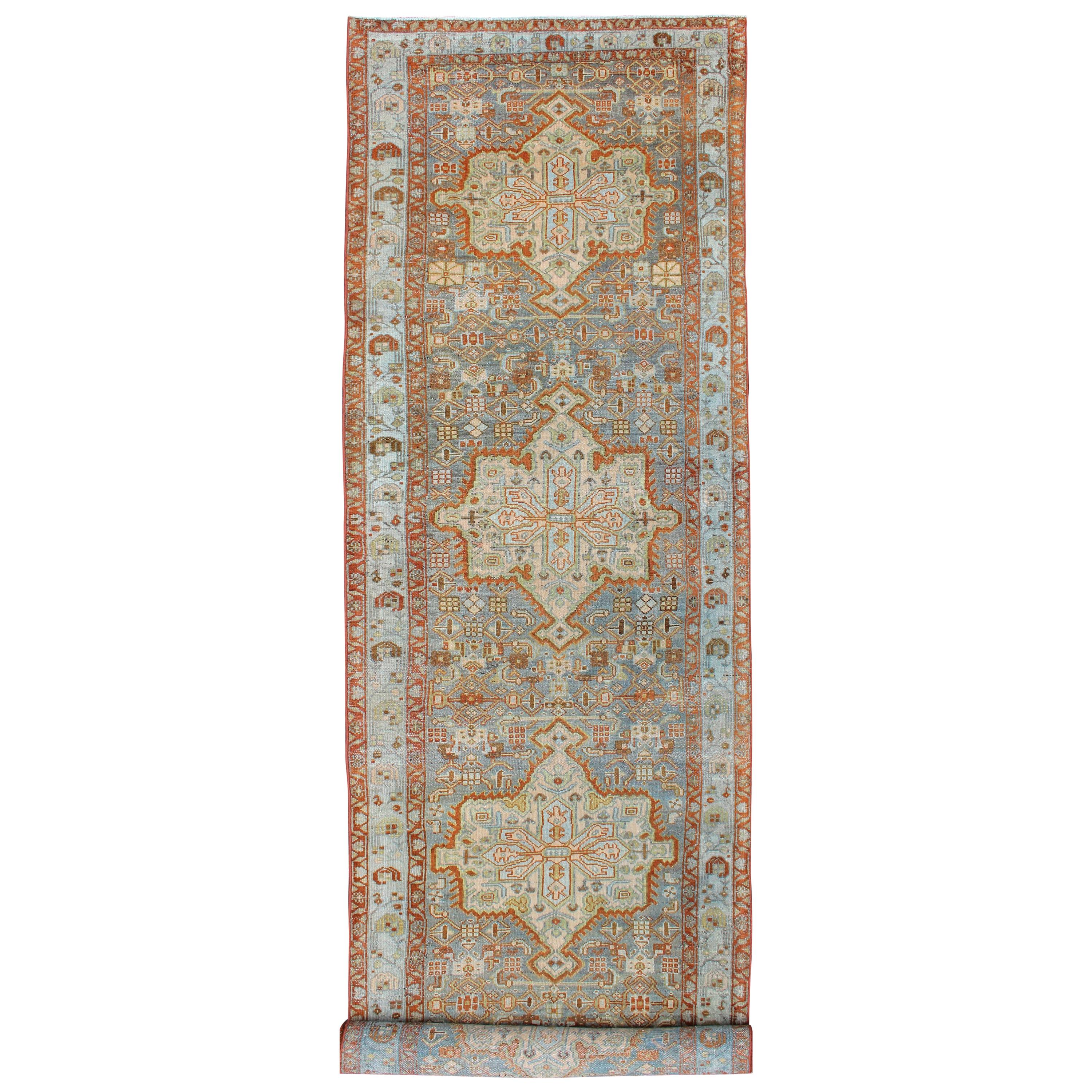 Gray Blue and Rust Antique Persian Long Malayer Runner with Geometric Design For Sale