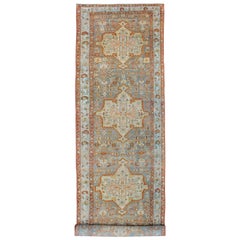 Gray Blue and Rust Antique Persian Long Malayer Runner with Geometric Design