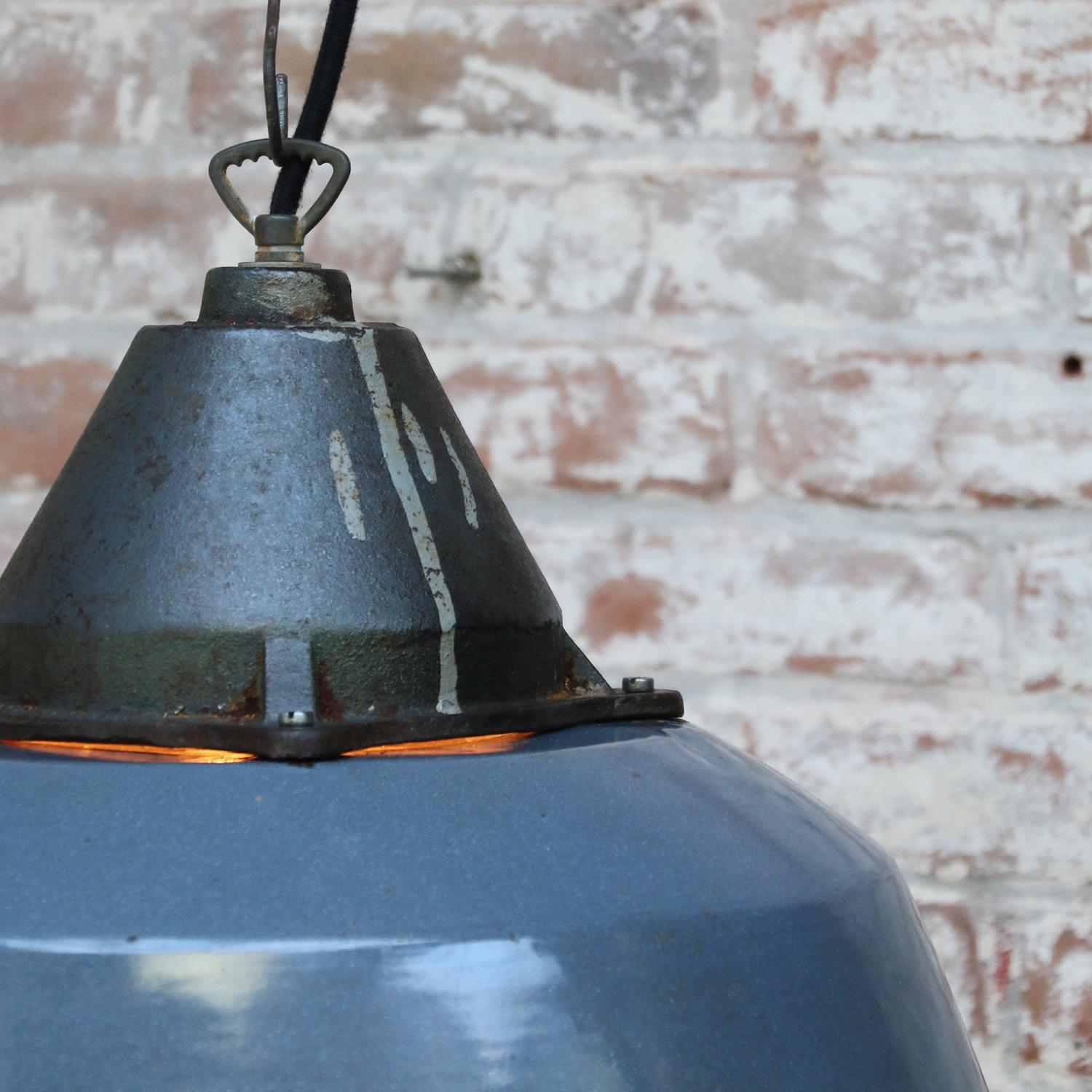 20th Century Gray Blue Enamel Vintage Industrial Cast Iron Clear Glass Factory Pendant