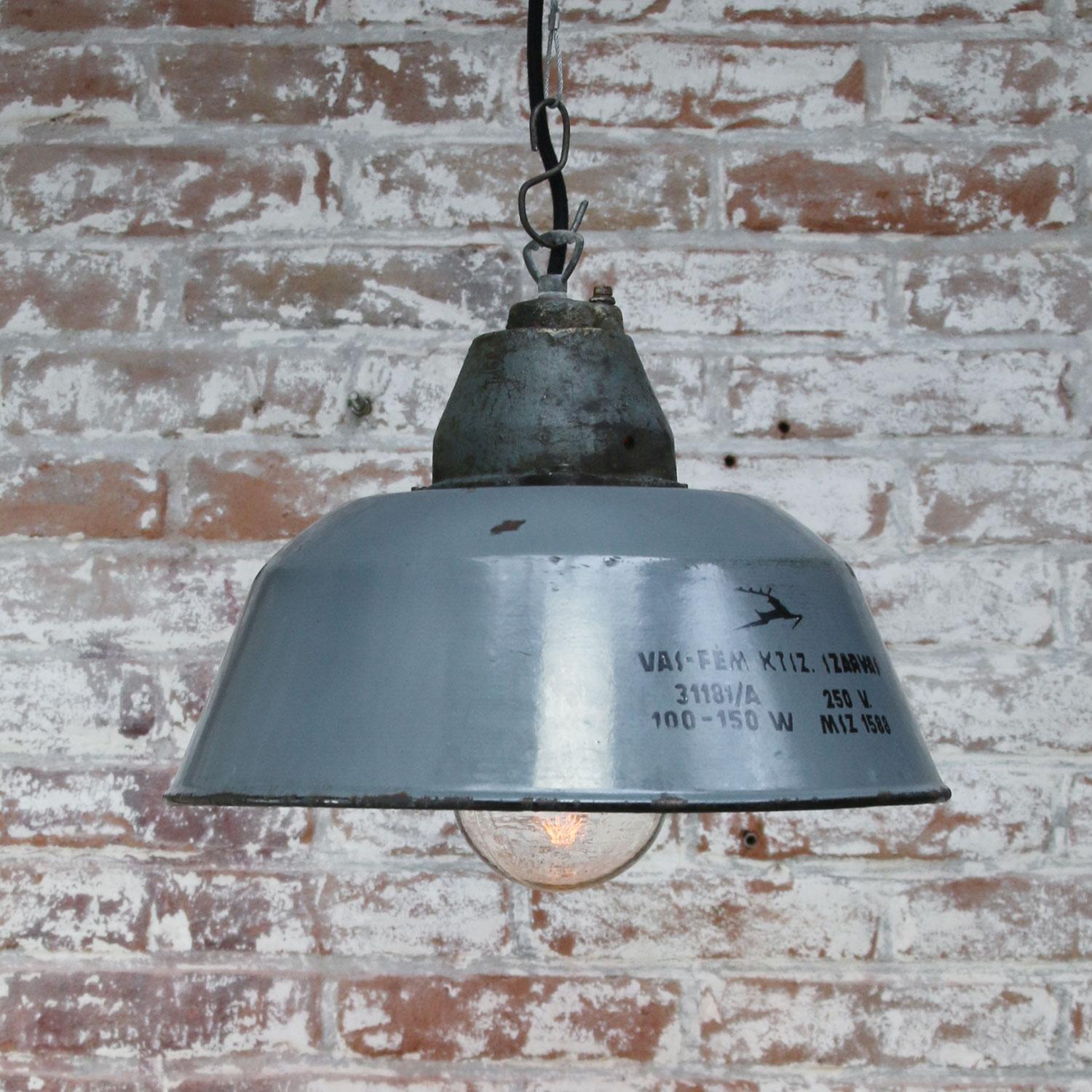 Gray Blue Enamel Vintage Industrial Clear Glass Cast Iron Pendant In Good Condition In Amsterdam, NL