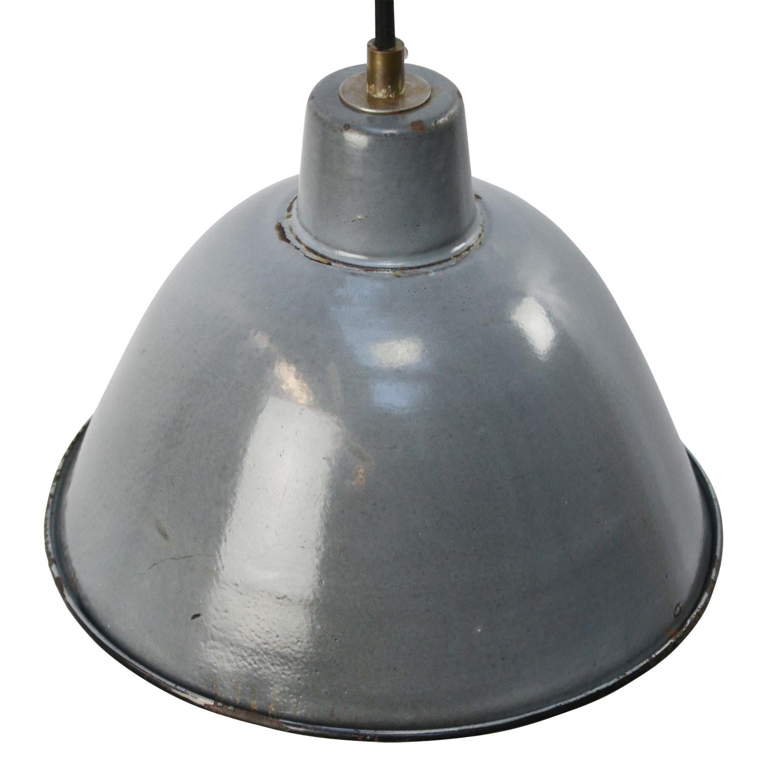 Factory hanging light
Gray blue enamel, black type, white interior

Weight: 0.80 kg / 1.8 lb

Priced per individual item. All lamps have been made suitable by international standards for incandescent light bulbs, energy-efficient and LED bulbs.