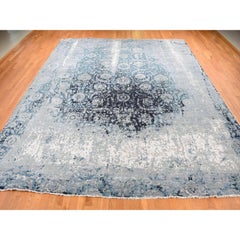 Handgeknüpfter Teppich aus Wolle und Seide in Grau, Blau und Erased Persian Tabriz Design 12'x15'1"