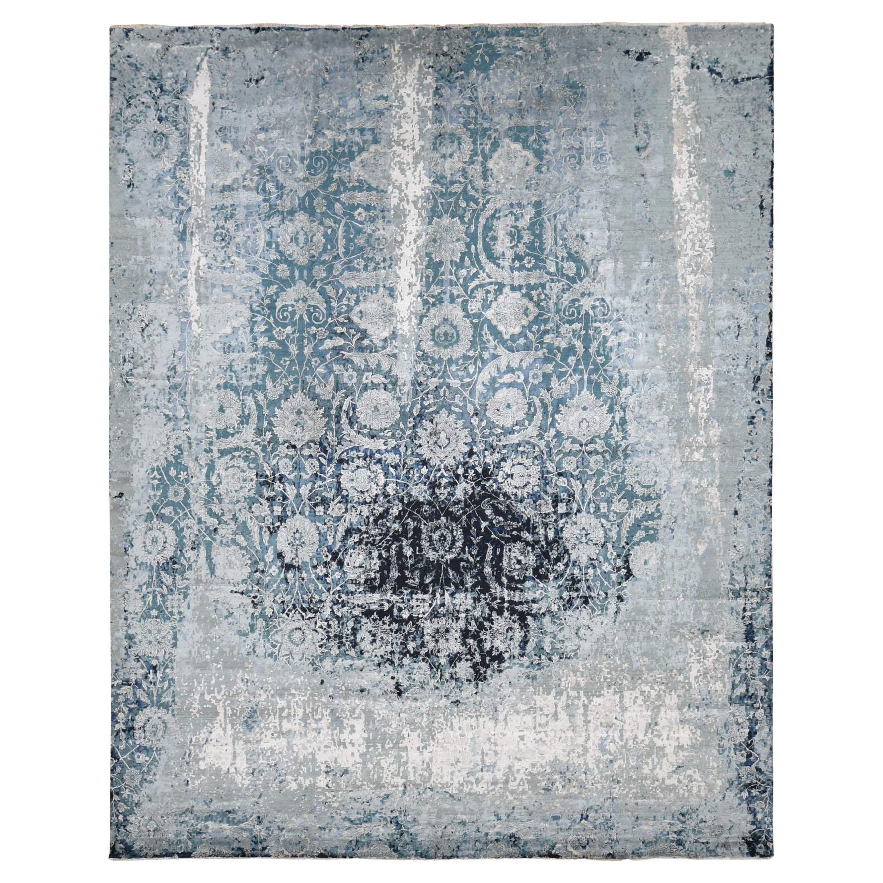 Gray Blue Erased Persian Tabriz Design Wool and Silk Hand Knotted Rug 12'x15'1"