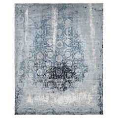 Tapis persan Tabriz dégradé gris, bleu, en laine et soie noué à la main 12'x15'1"
