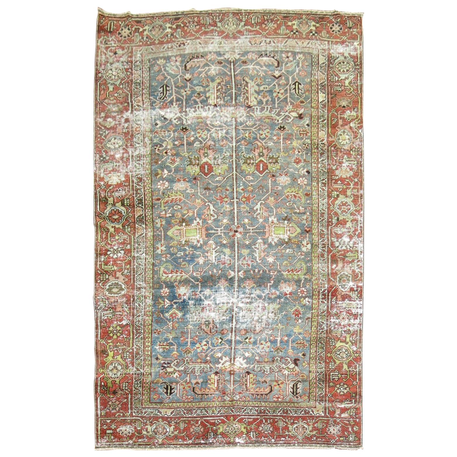 Gray Blue Field Shabby Chic Antique Textured Persian Heriz Rug