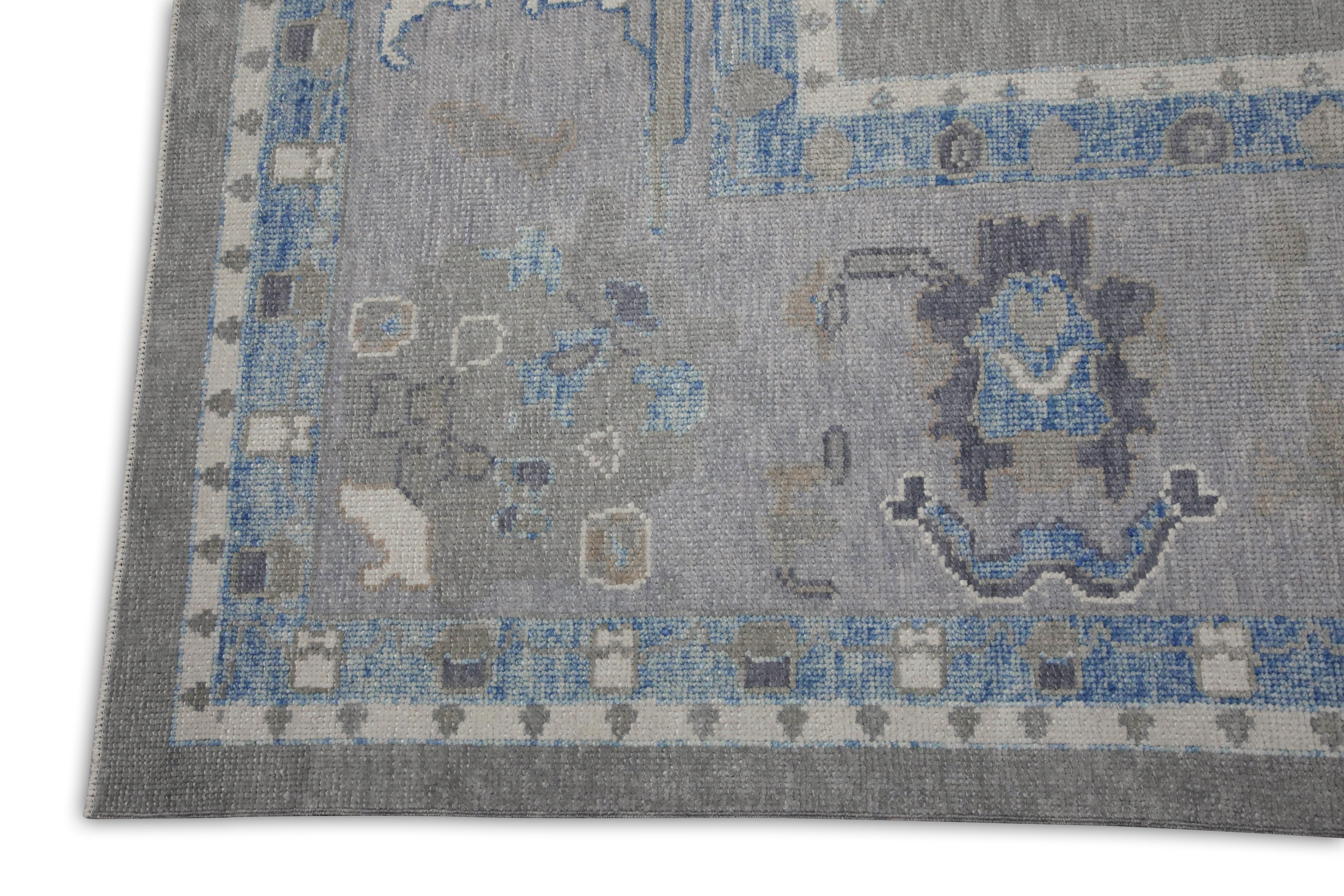 Vegetable Dyed Gray & Blue Floral Design Handwoven Wool Turkish Oushak Rug 11'6
