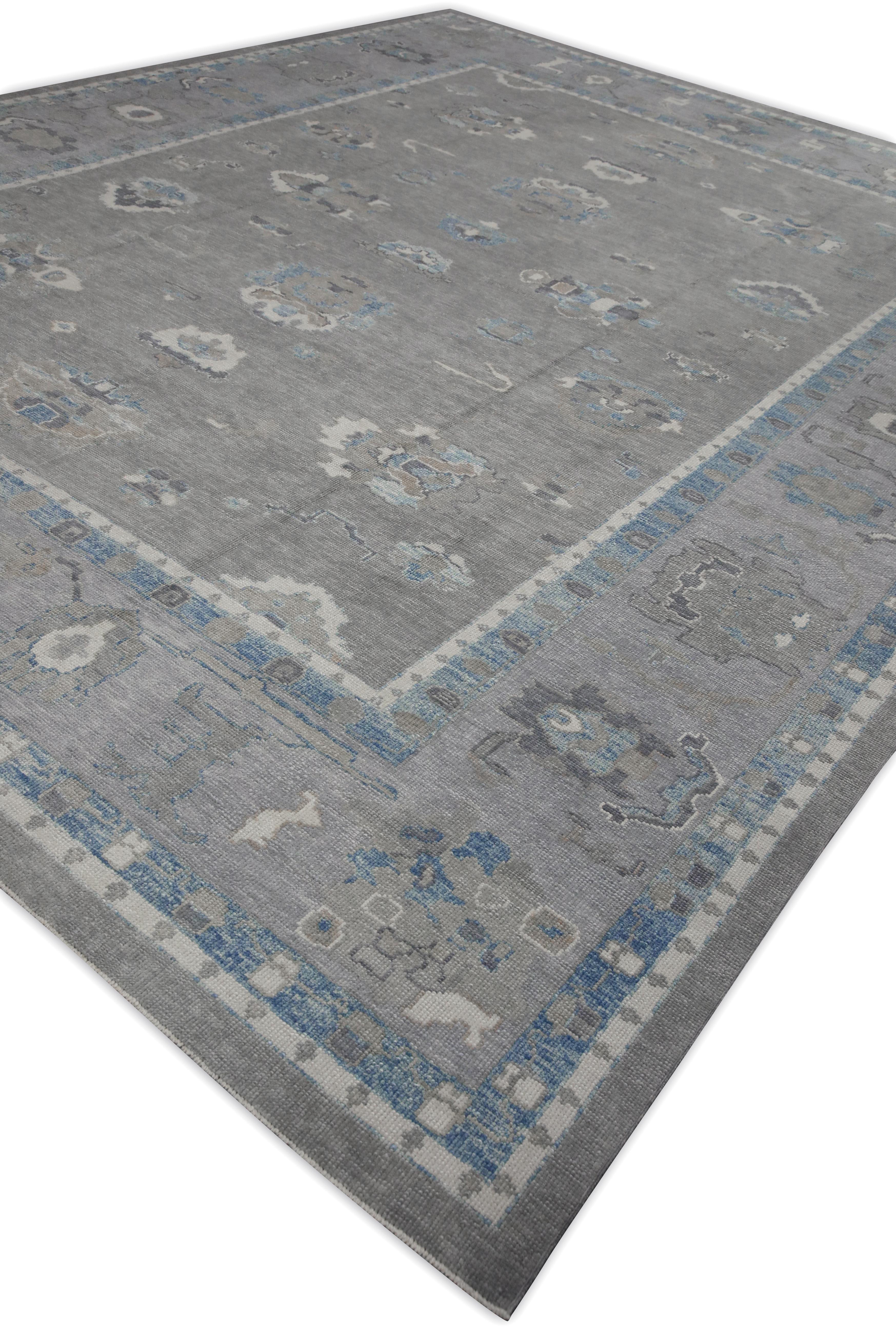 Contemporary Gray & Blue Floral Design Handwoven Wool Turkish Oushak Rug 11'6