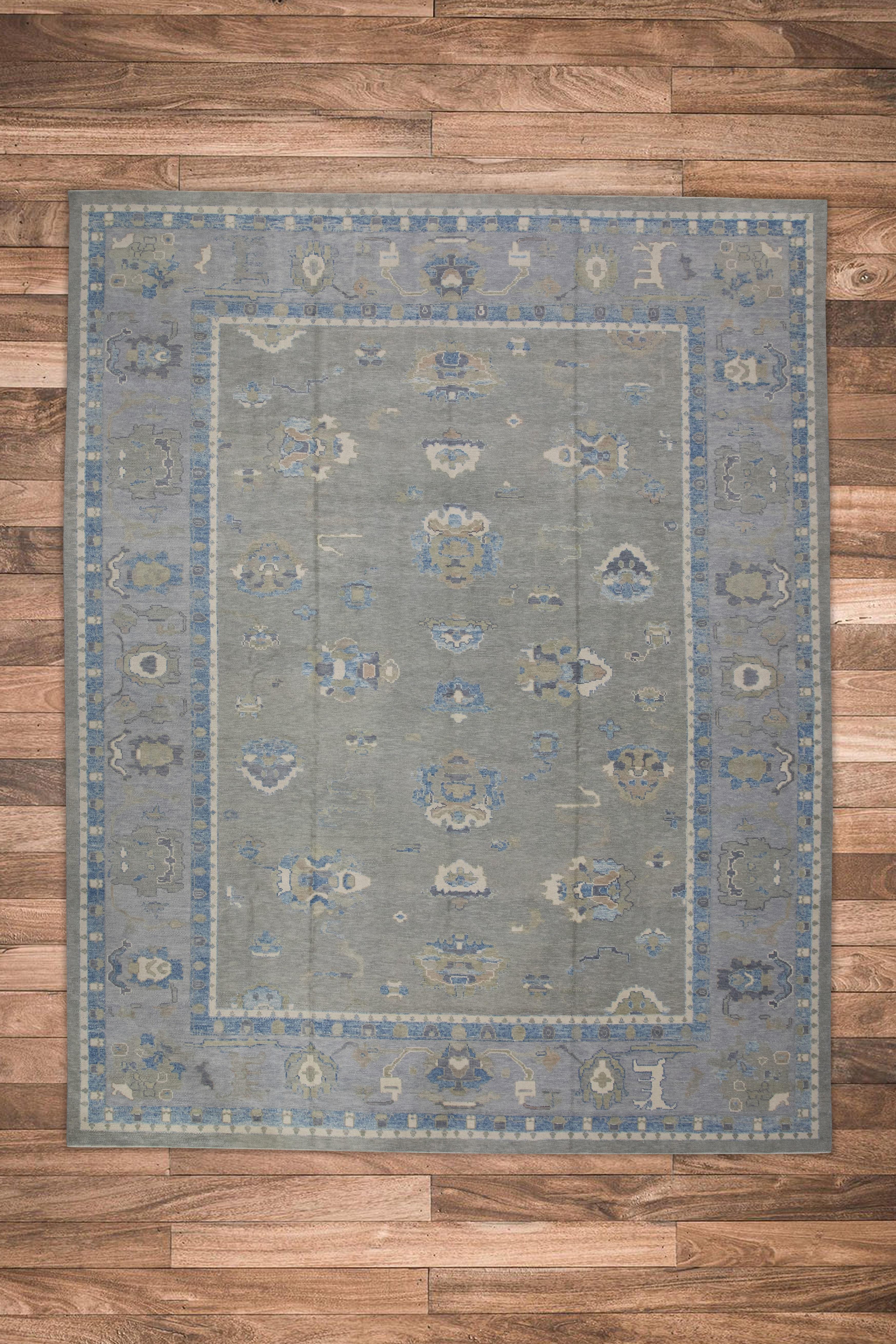 Gray & Blue Floral Design Handwoven Wool Turkish Oushak Rug 11'6