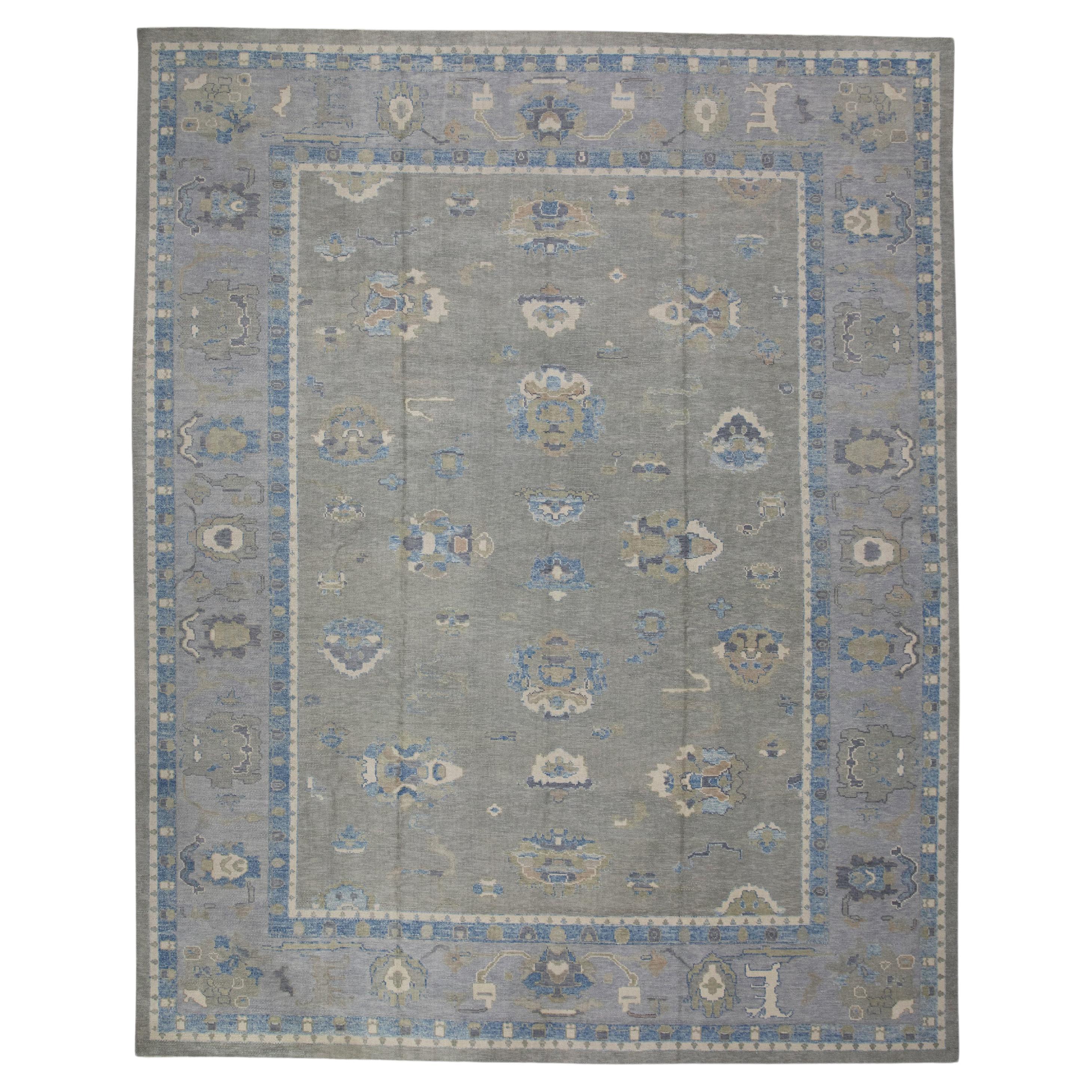 Handgewebter türkischer Oushak-Teppich aus Wolle in Grau & Blau mit Blumenmuster 11'6" X 15'