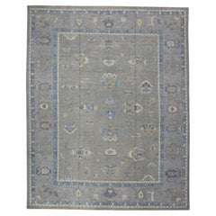 Gray & Blue Floral Design Handwoven Wool Turkish Oushak Rug 11'6" X 15'