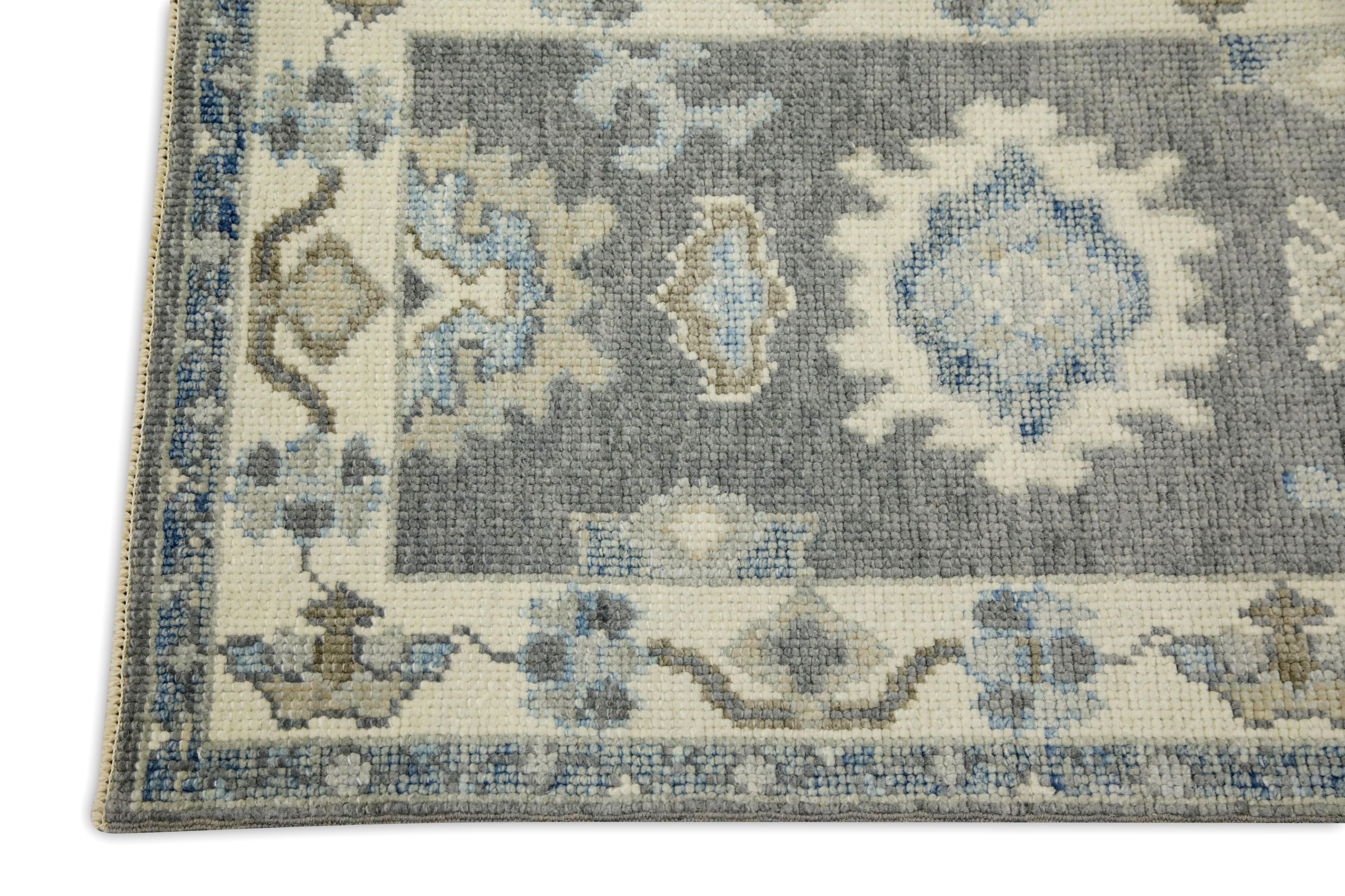 Vegetable Dyed Gray & Blue Floral Design Handwoven Wool Turkish Oushak Rug For Sale
