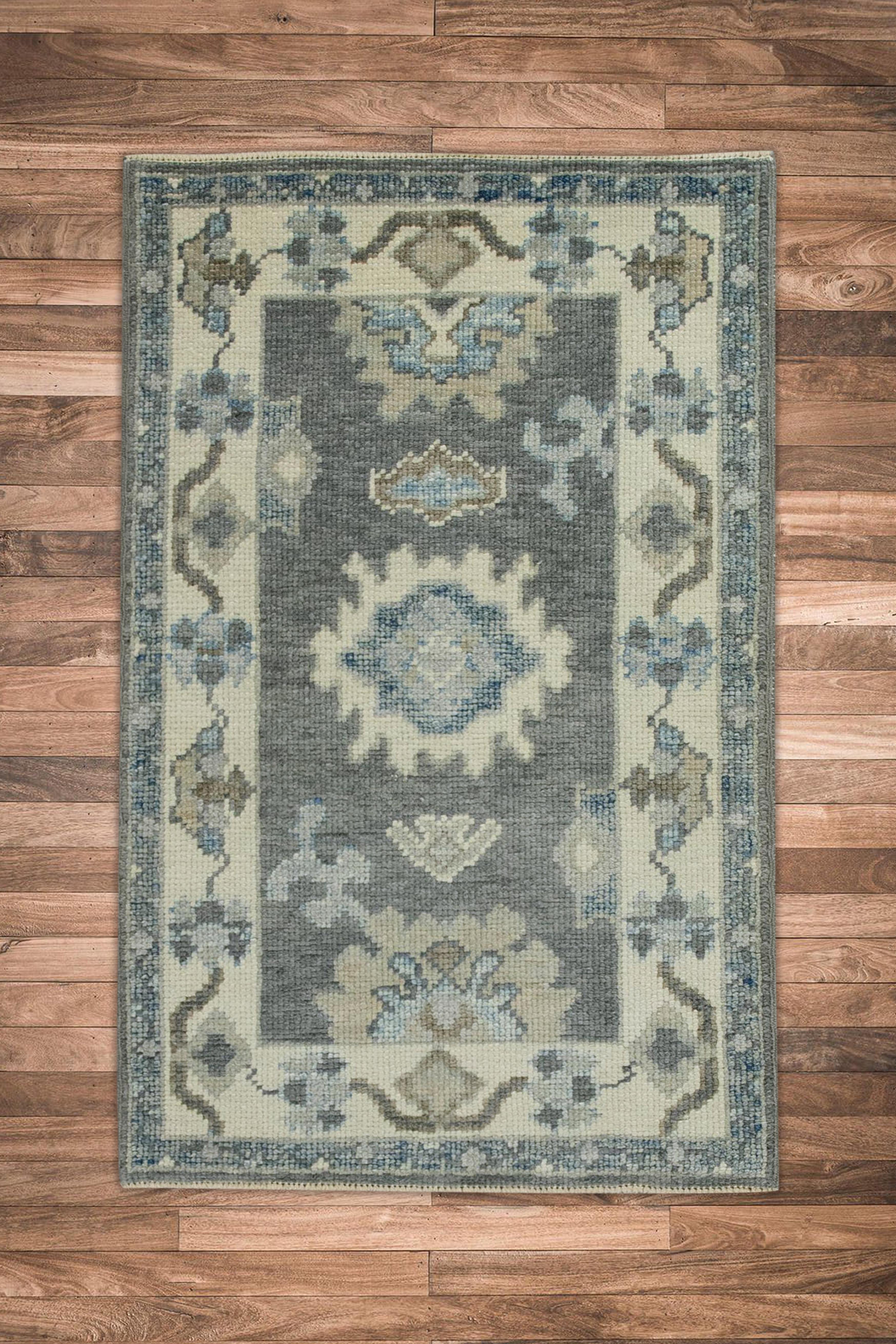Contemporary Gray & Blue Floral Design Handwoven Wool Turkish Oushak Rug For Sale