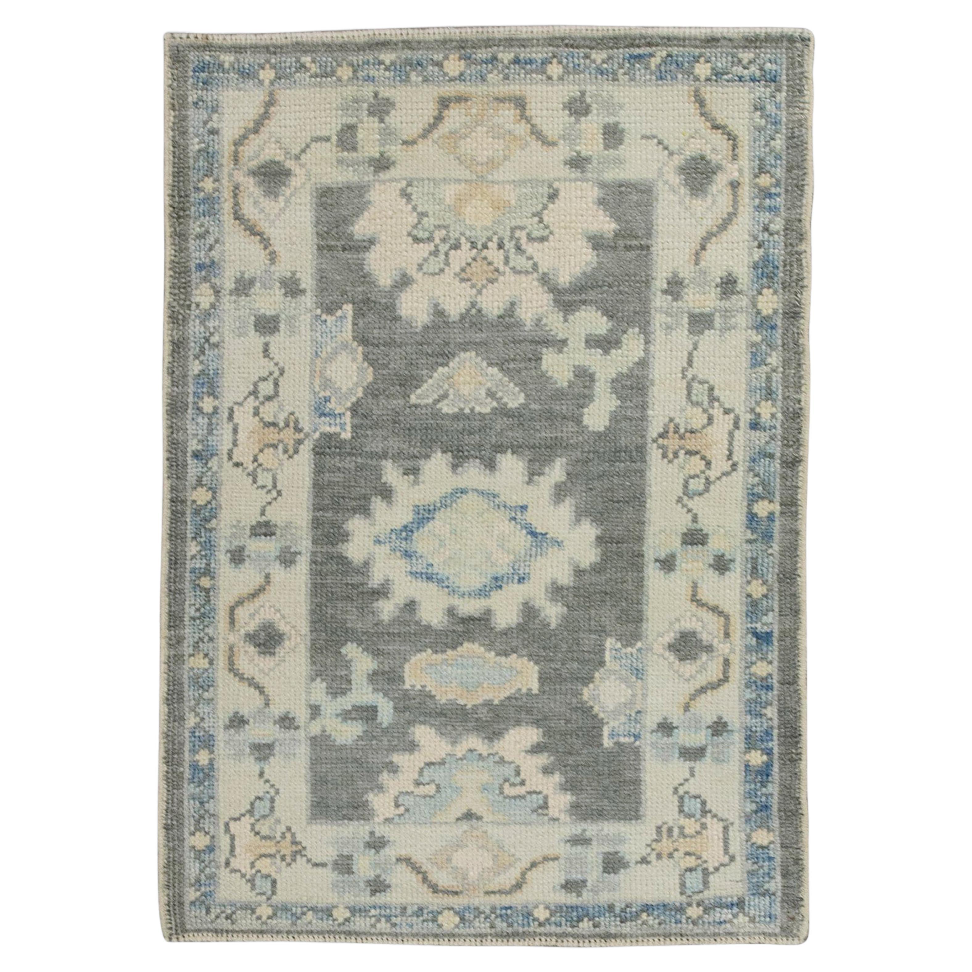 Gray & Blue Floral Design Handwoven Wool Turkish Oushak Rug For Sale