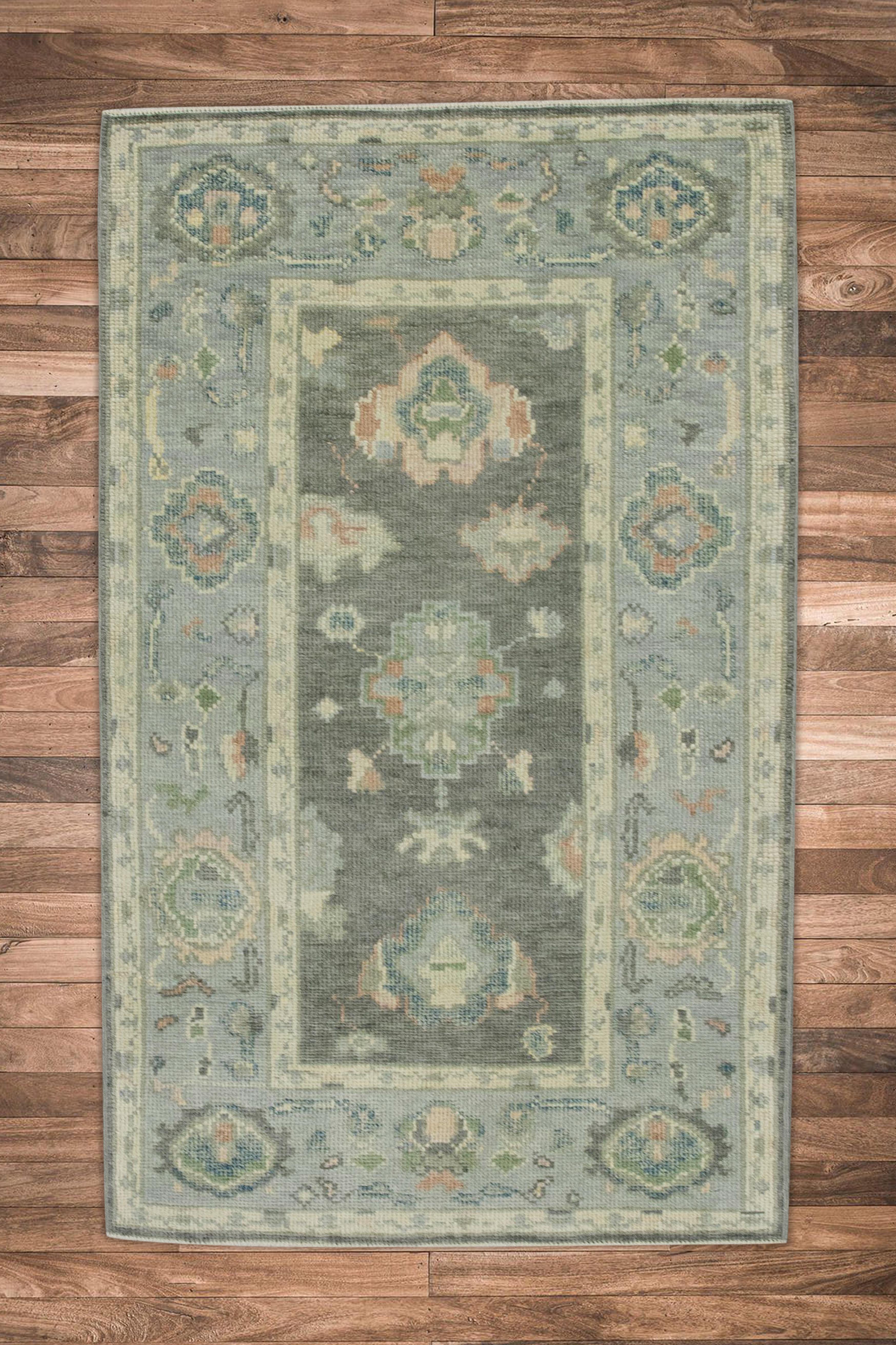 Contemporary Gray & Blue Floral Design Handwoven Wool Turkish Oushak Rug 3' x 4'10