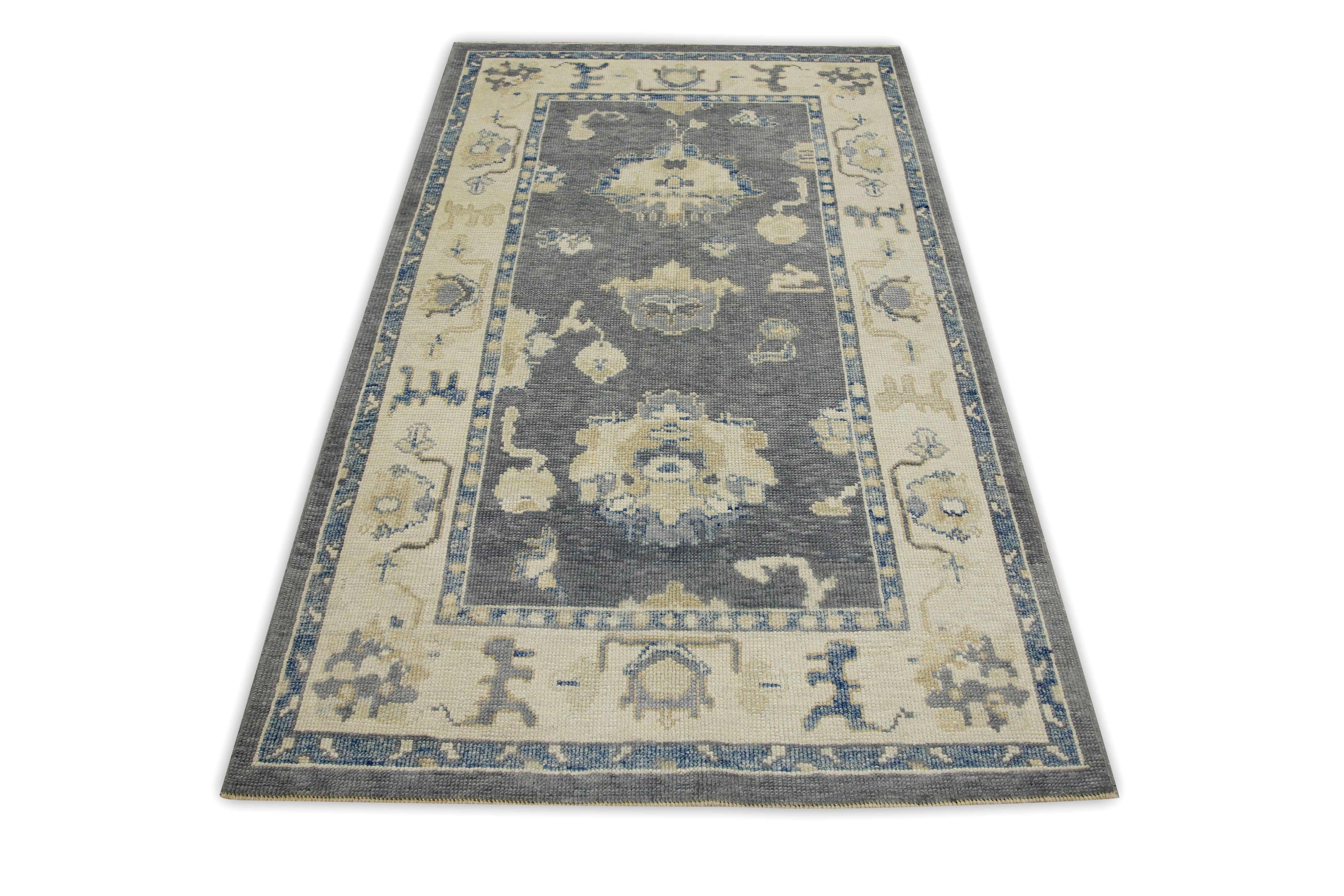 Contemporary Gray & Blue Floral Design Handwoven Wool Turkish Oushak Rug 3'10