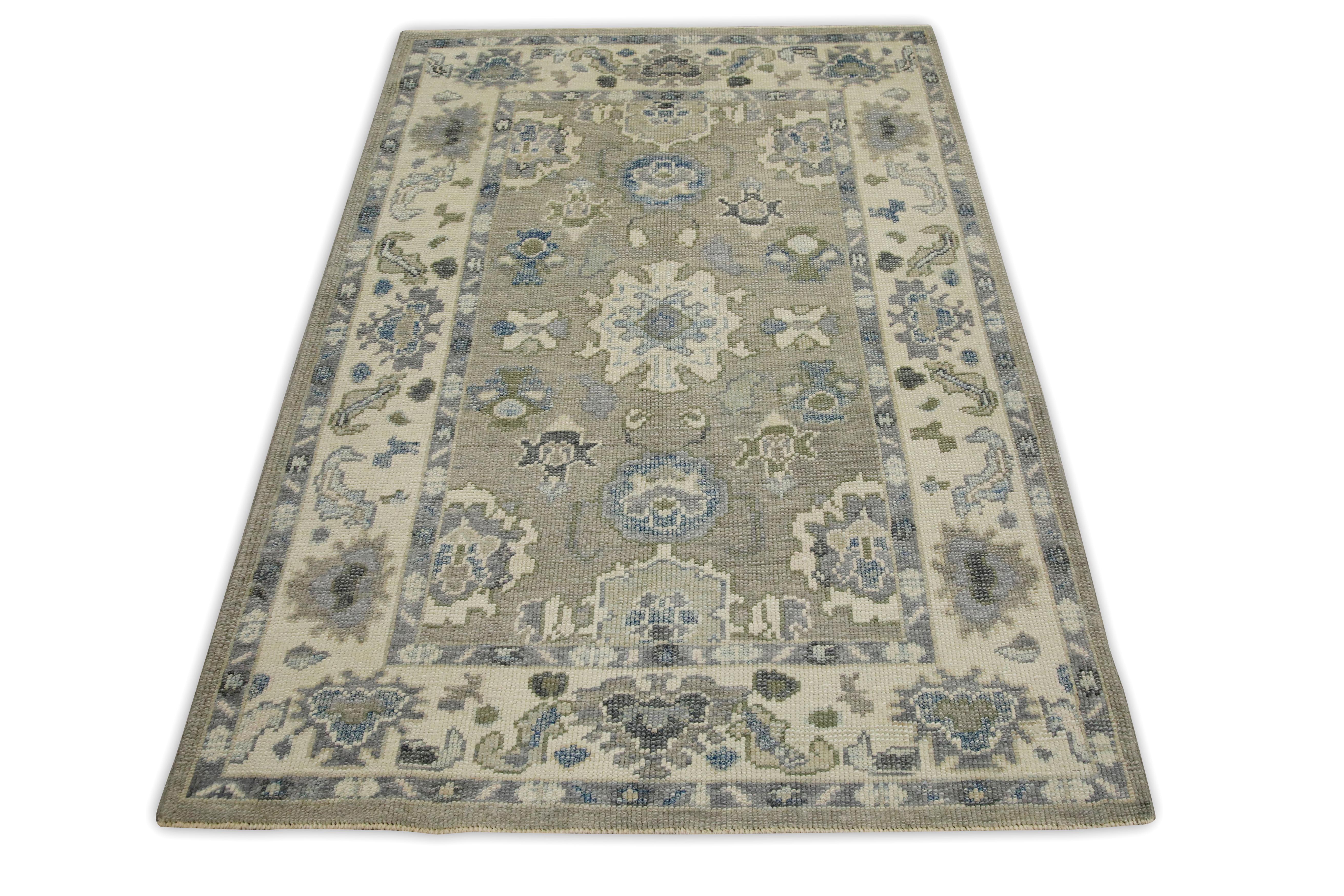 Contemporary Gray & Blue Floral Design Handwoven Wool Turkish Oushak Rug 4' x 5'8