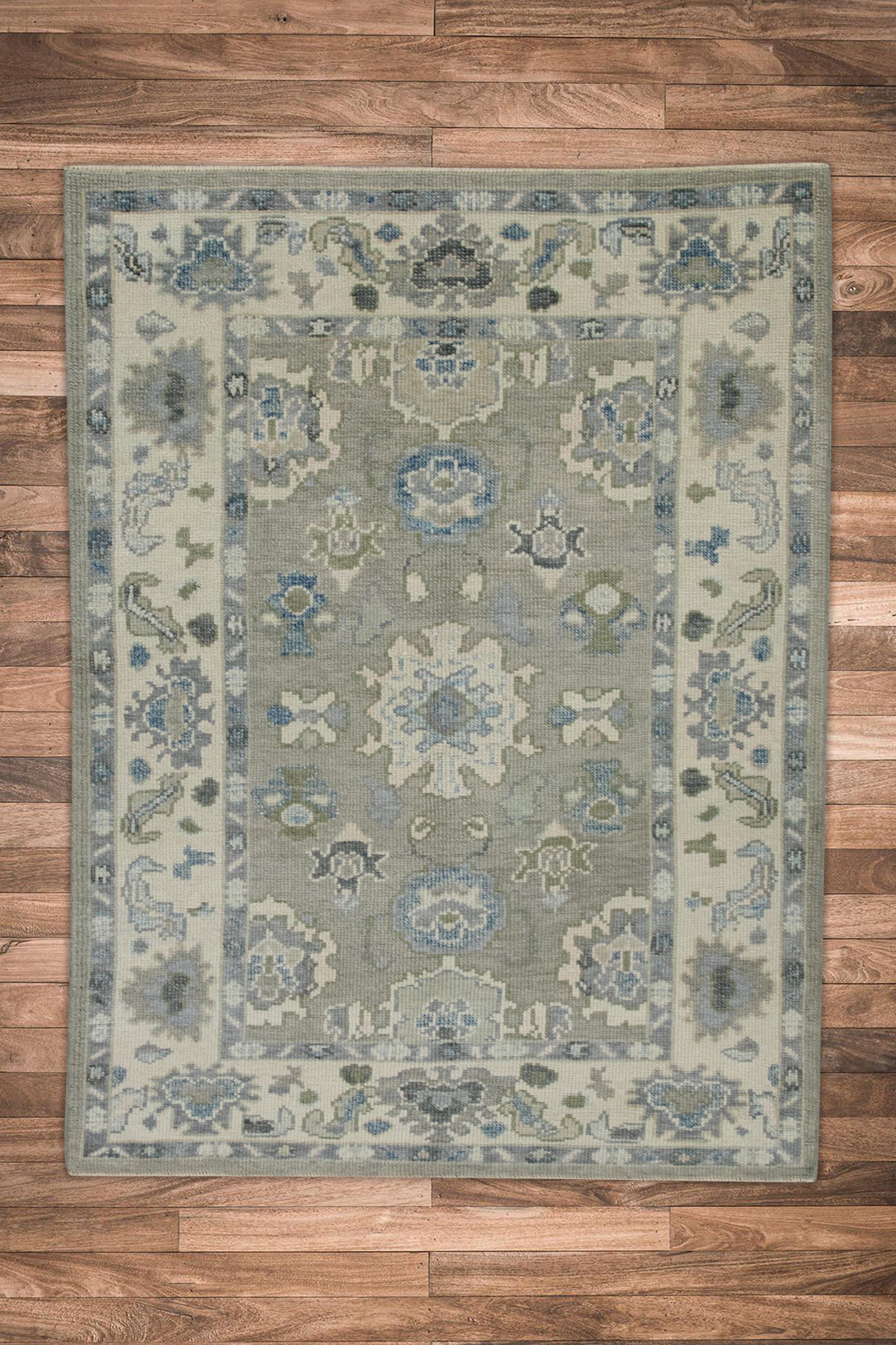 Gray & Blue Floral Design Handwoven Wool Turkish Oushak Rug 4' x 5'8