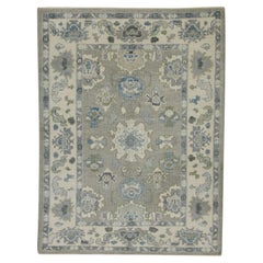 Gray & Blue Floral Design Handwoven Wool Turkish Oushak Rug 4' x 5'8"