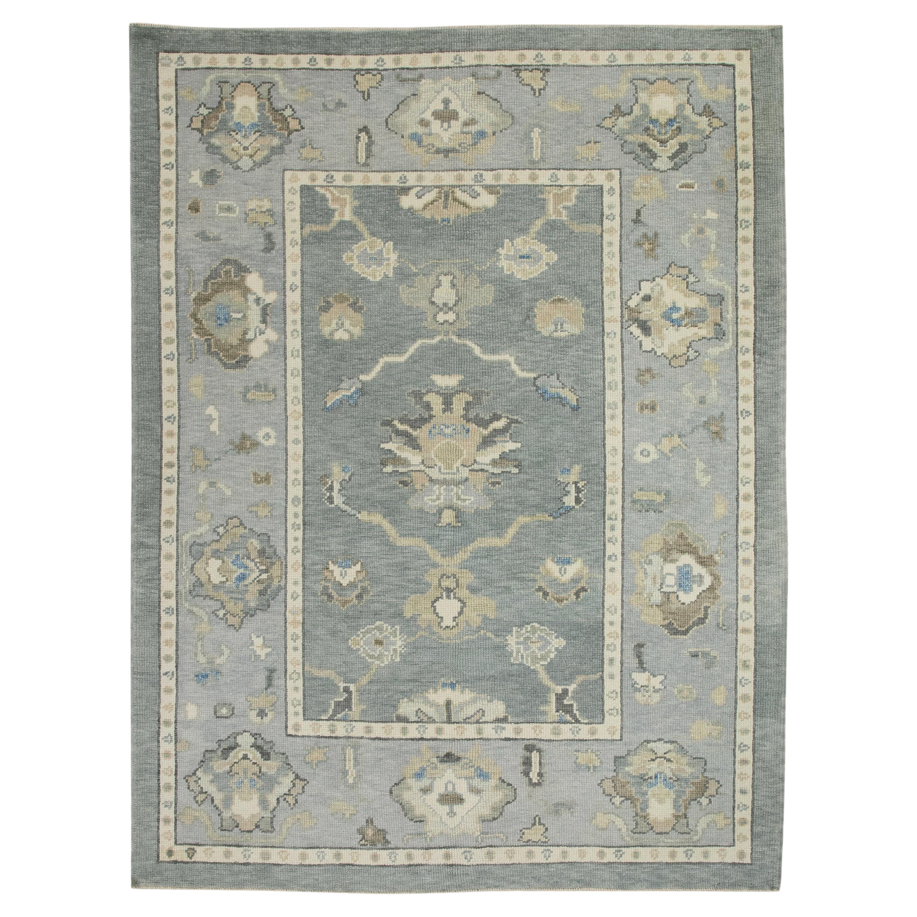 Gray & Blue Floral Design Handwoven Wool Turkish Oushak Rug 5'2" x 6'7"